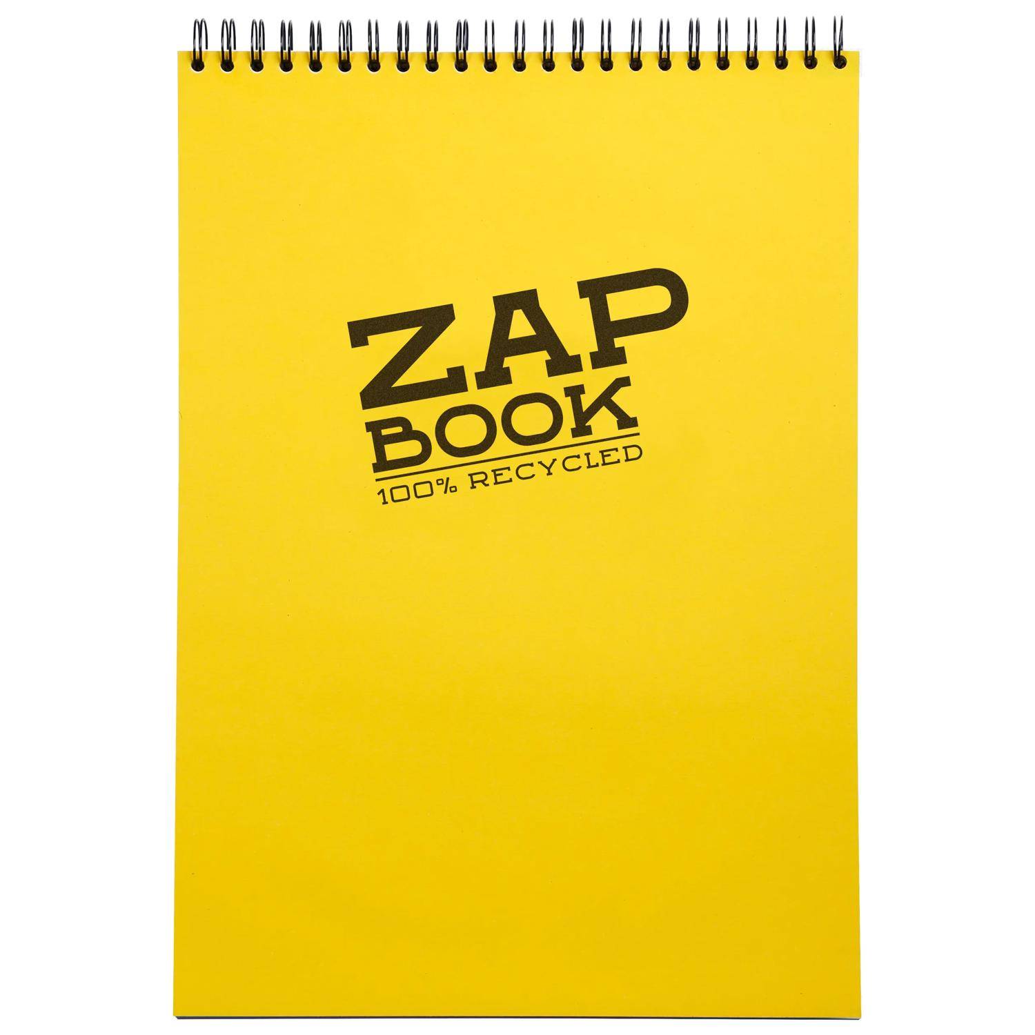 Gelbes spiralgebundenes Notizbuch mit "ZAP BOOK"" und ""100% RECYCLED"" auf dem Umschlag gedruckt.