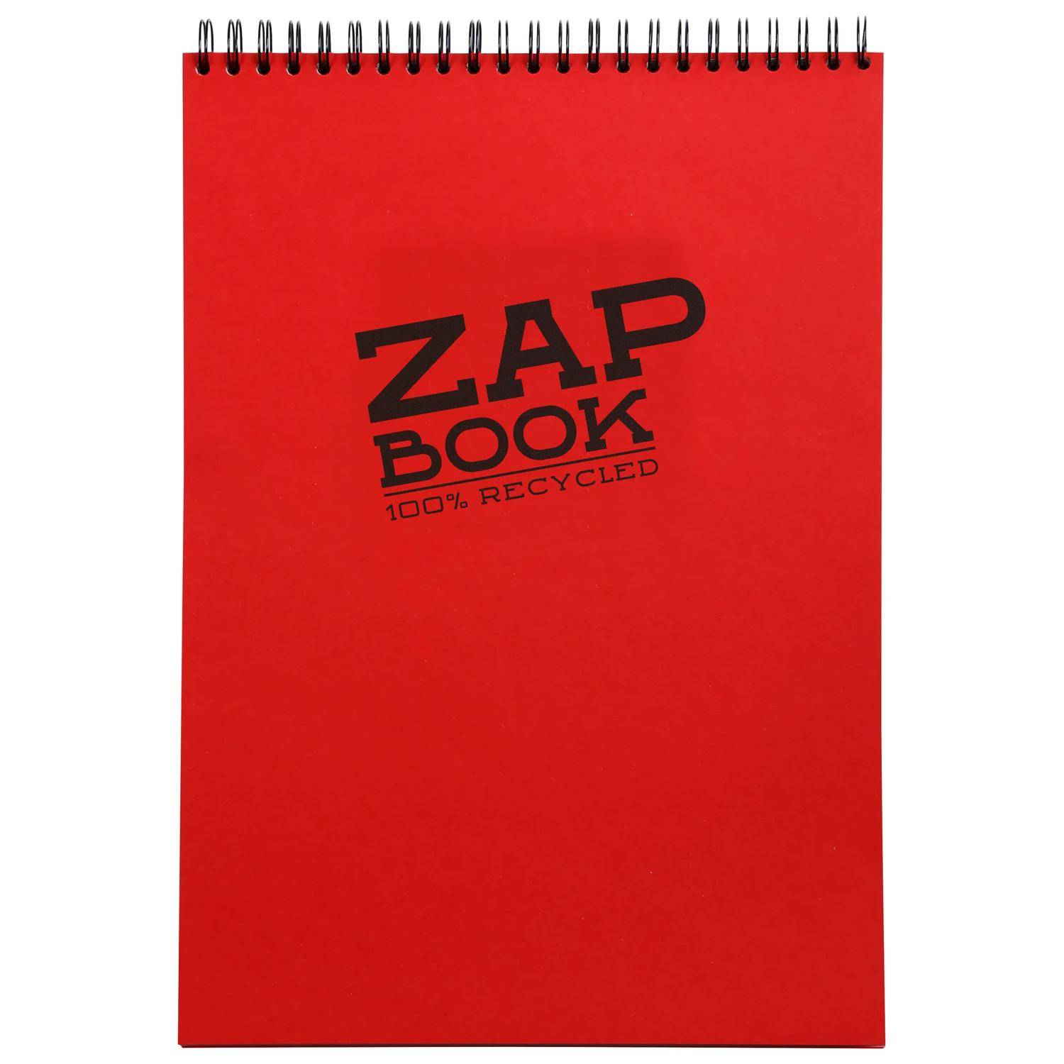 Rotes spiralgebundenes Notizbuch mit „ZAP BOOK 100% RECYCLED" auf dem Umschlag bedruckt.