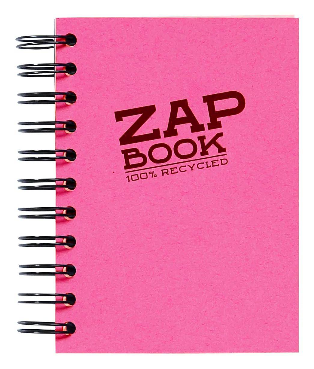 Rosa spiralgebundenes Notizbuch mit der Aufschrift „ZAP BOOK 100% RECYCLED
