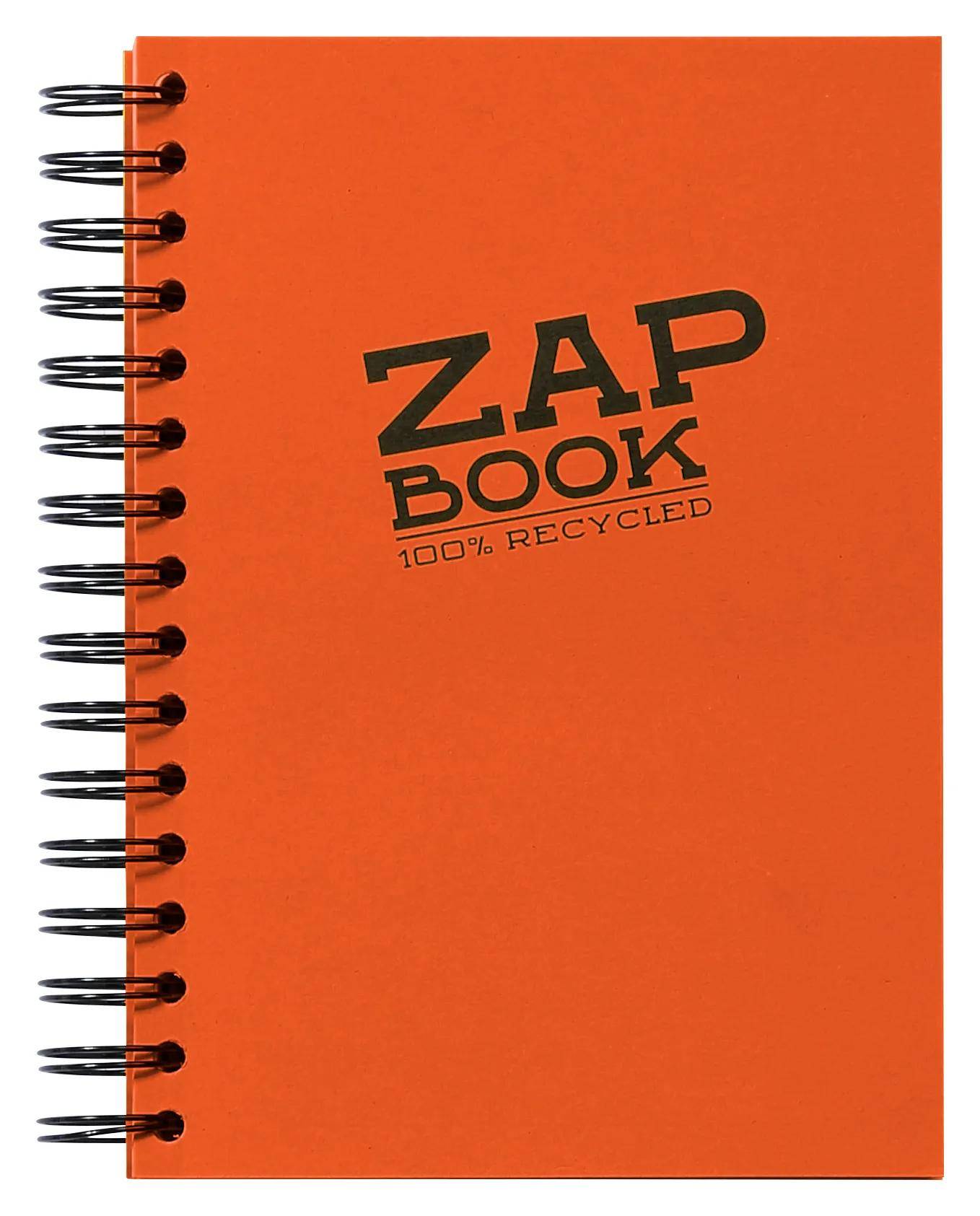 Orange spiral-bindgebundenes Notizbuch mit Umschlag, beschriftet mit „ZAP BOOK 100% RECYCLED