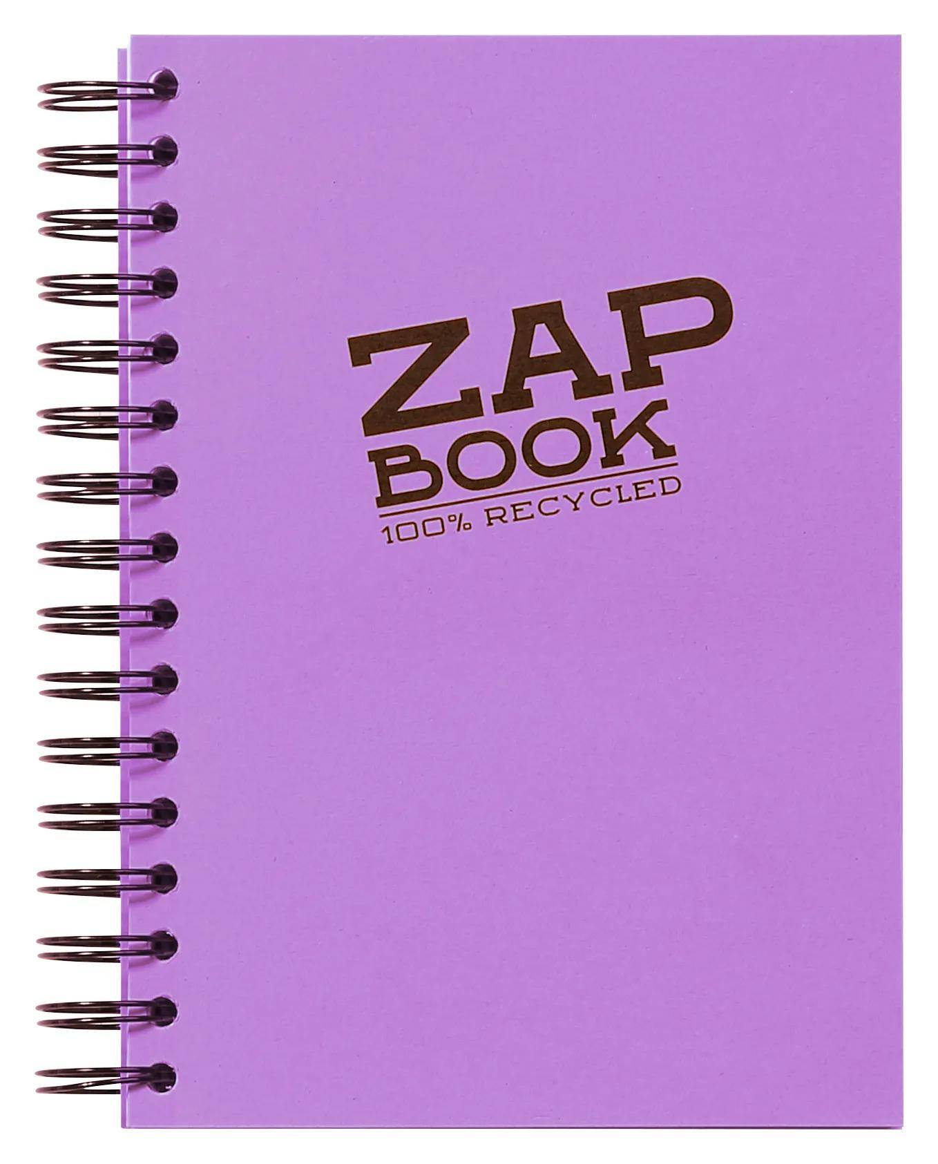 Violettes Notizbuch mit Spiralbindung und Text „ZAP BOOK
