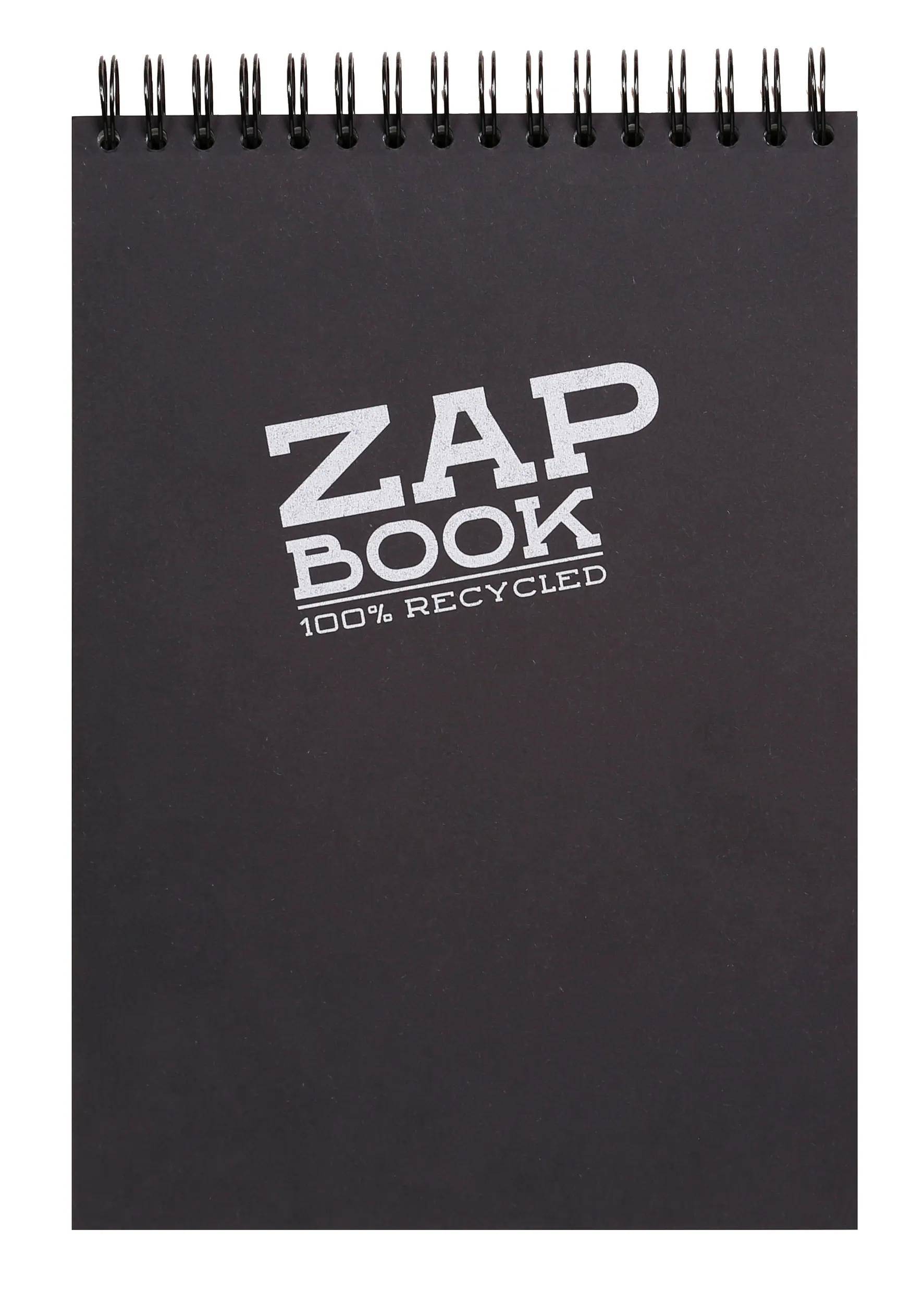 Schwarzer spiralgebundener Notizbucheinband mit der Aufschrift „ZAP BOOK