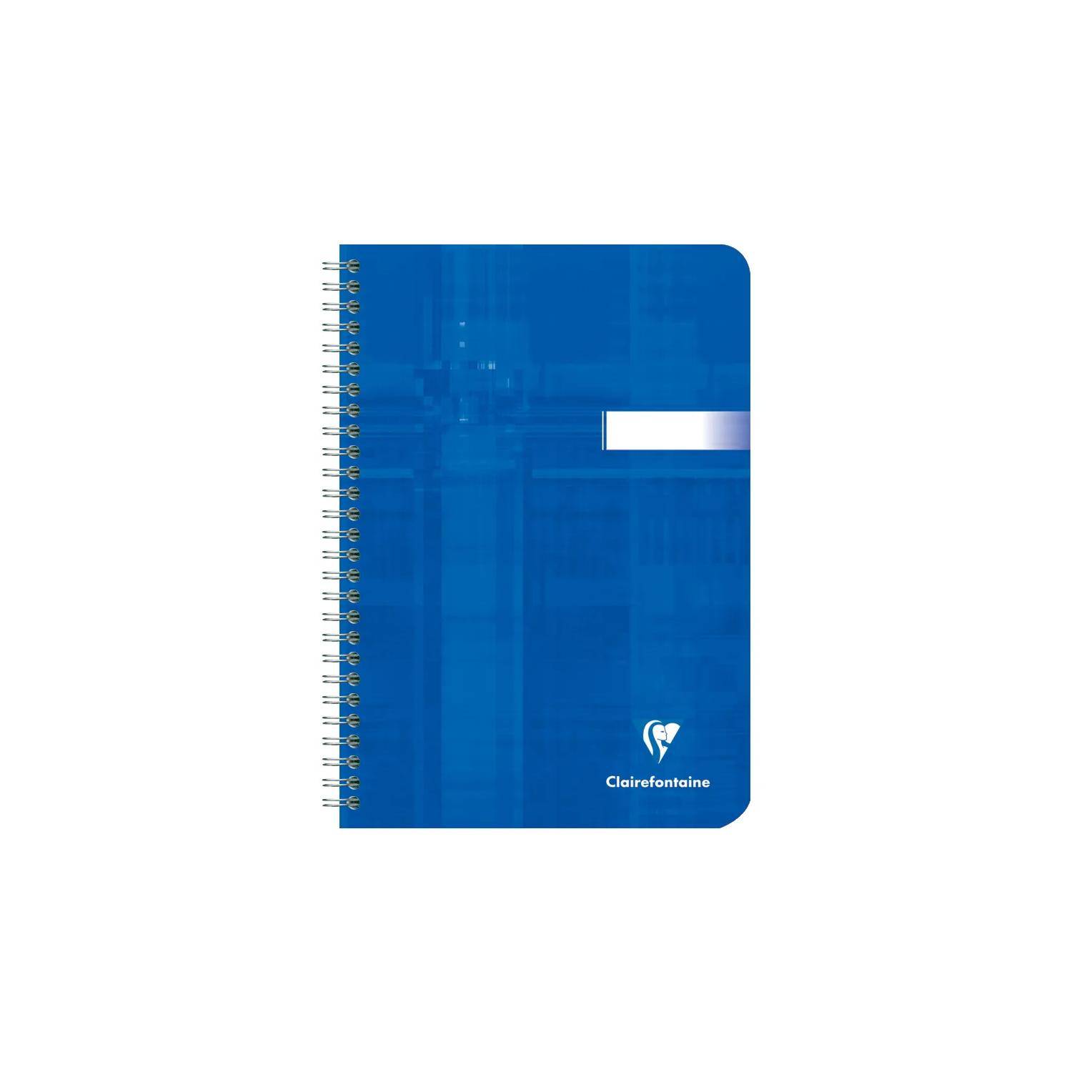 Blaues Spiralbindungs-Notizbuch mit weißem Etikettenband und Clairefontaine-Logo auf dem Umschlag.