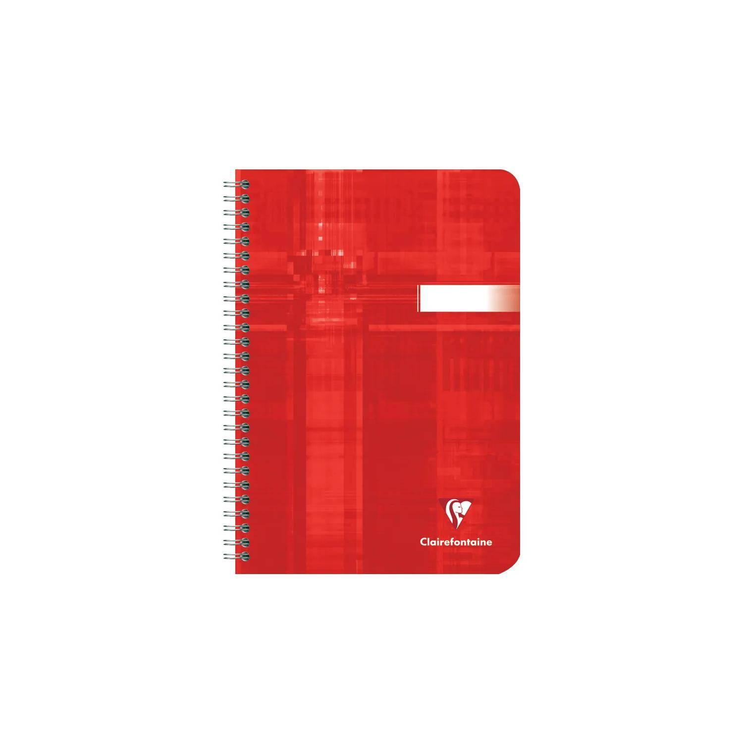 Rotes Spiralbindungs-Notizbuch mit einfachem Einband und kleinem weißem Etikettbereich, unten mit der Marke „Clairefontaine" gekennzeichnet.