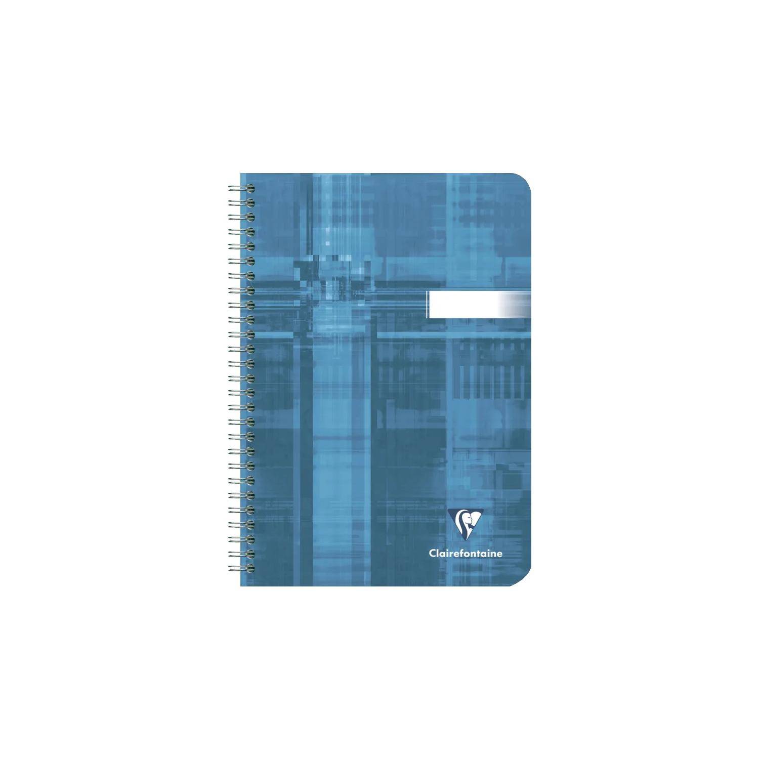 Blaues spiralgebundenes Notizbuch mit einem weißen Etikettenbereich und Clairefontaine-Logo auf dem Umschlag.