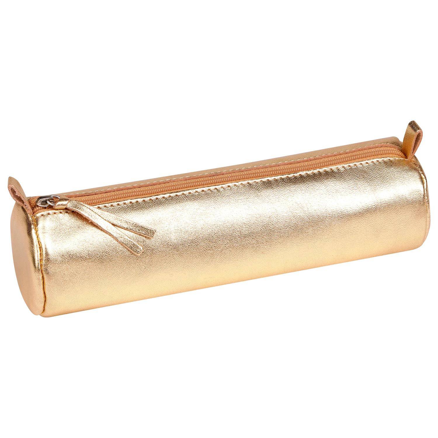 Goldfarbenes metallisches zylindrisches Etui mit Reißverschluss und kleinen Seitenlaschen, dargestellt auf weißem Hintergrund.
