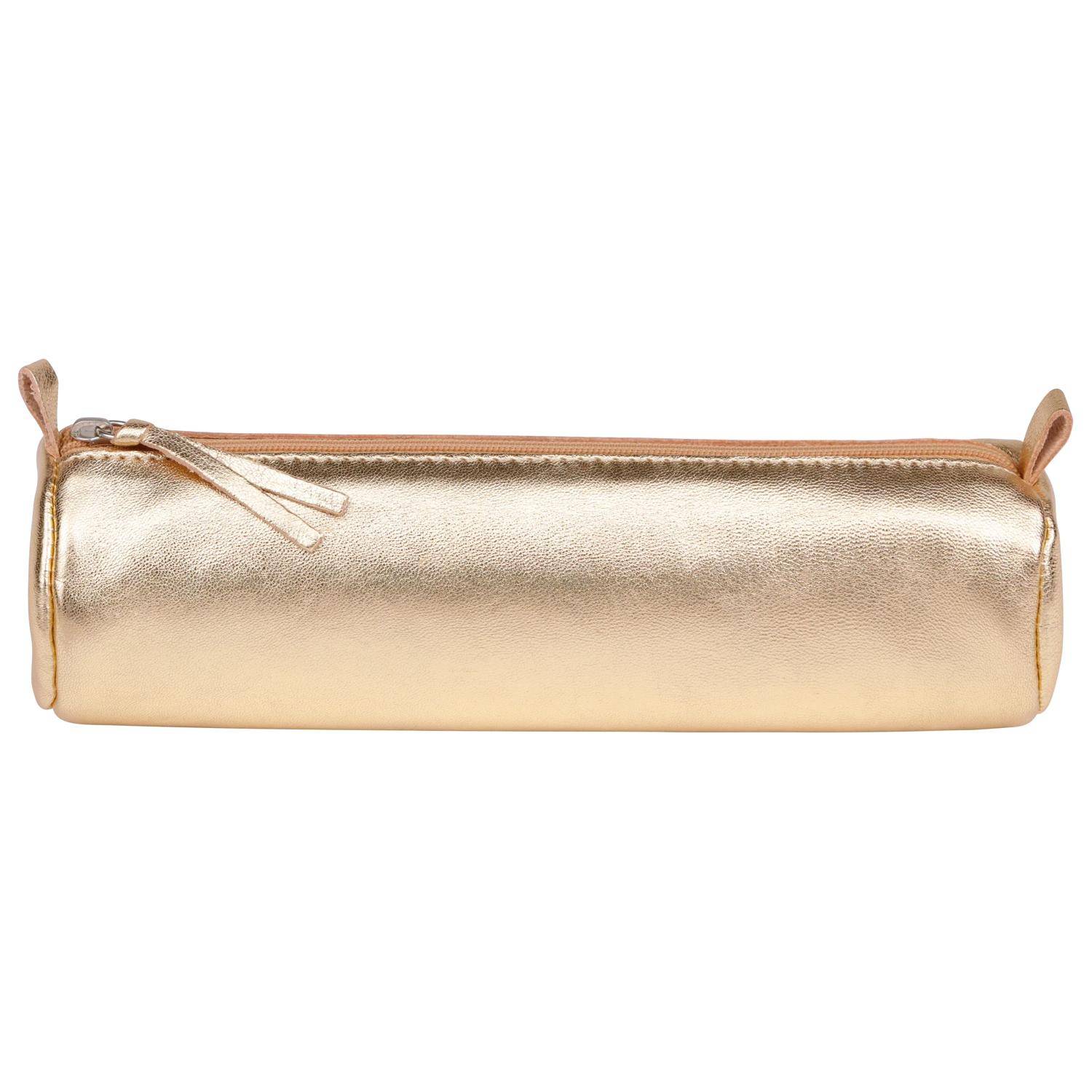 Goldene metallische Stifttasche mit Reißverschluss und Quaste, gezeigt auf weißem Hintergrund.