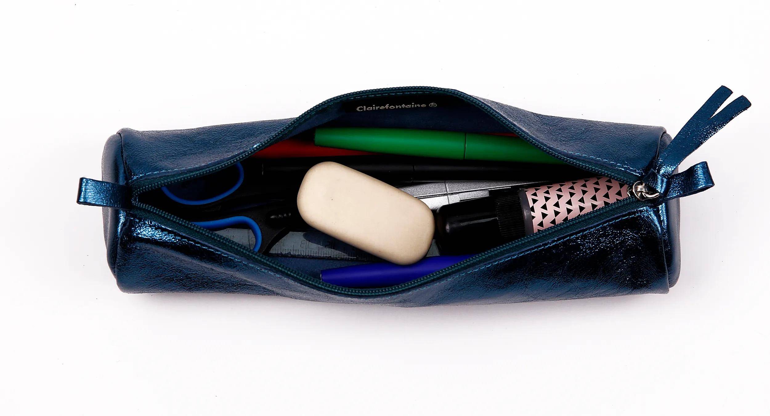 Clairefontaine 4x Schlampermäppchen Leder Cuirisé rund Ø5,5x22cm Indigo 8693C