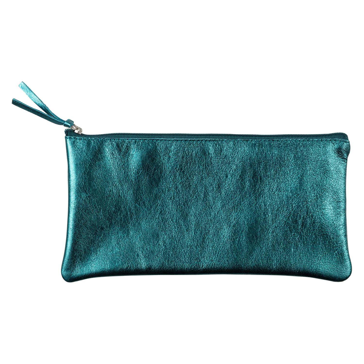 Teal metallische Reißverschlusstasche mit Handschlaufe auf weißem Hintergrund.