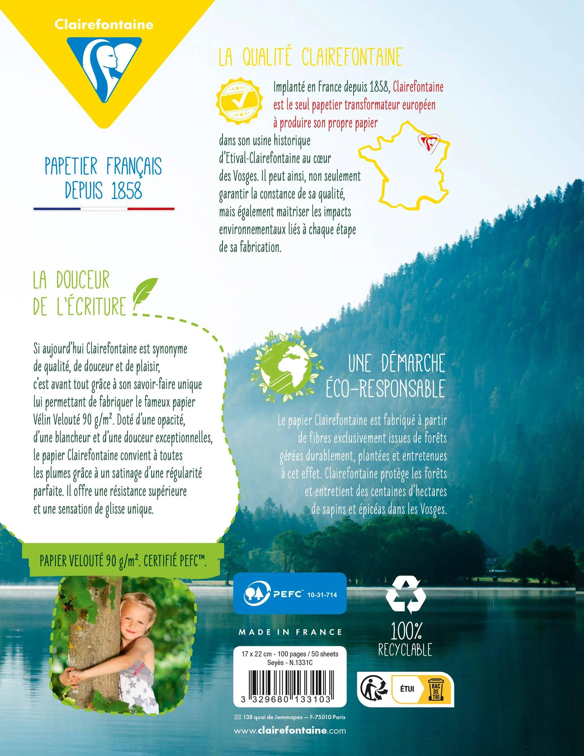 Französisches Clairefontaine-Papier Nachhaltigkeits-Infografik mit 
