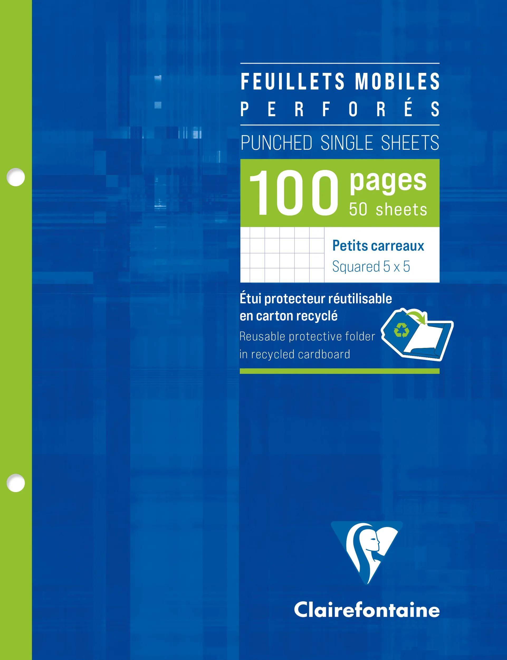 Blaue Clairefontaine-Ordnermappe für gelochte Einzelblätter, gekennzeichnet mit '100 Seiten', '50 Blätter', 'Petits carreaux' und wiederverwendbarem Recyclingkarton.