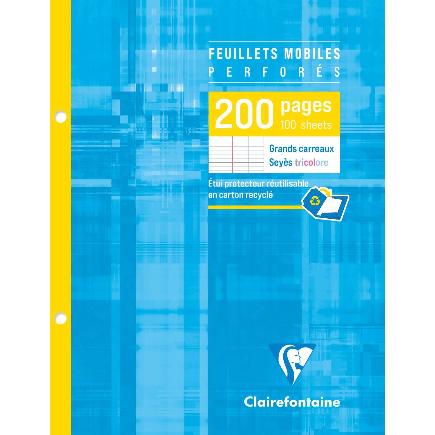 Blaues perforiertes Clairefontaine-Notizbuch mit gelbem Rücken, mit der Bezeichnung „Feuillets mobiles perforés
