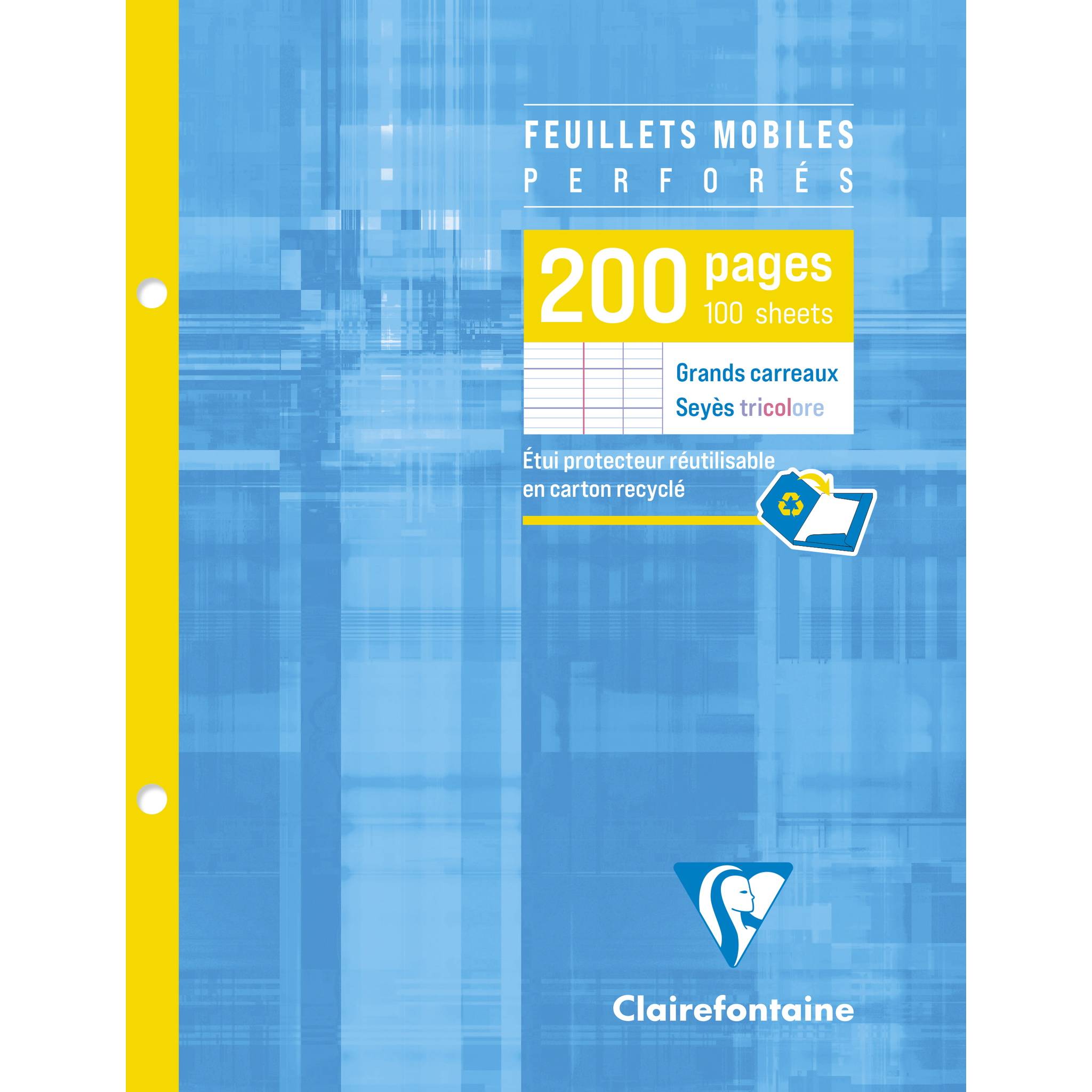 Blaues durchbrochenes Clairefontaine-Notizbuchcover mit gelbem Rücken, beschriftet mit „200 Seiten", „100 Blatt"", „grands carreaux"" und „seyès tricolore"".