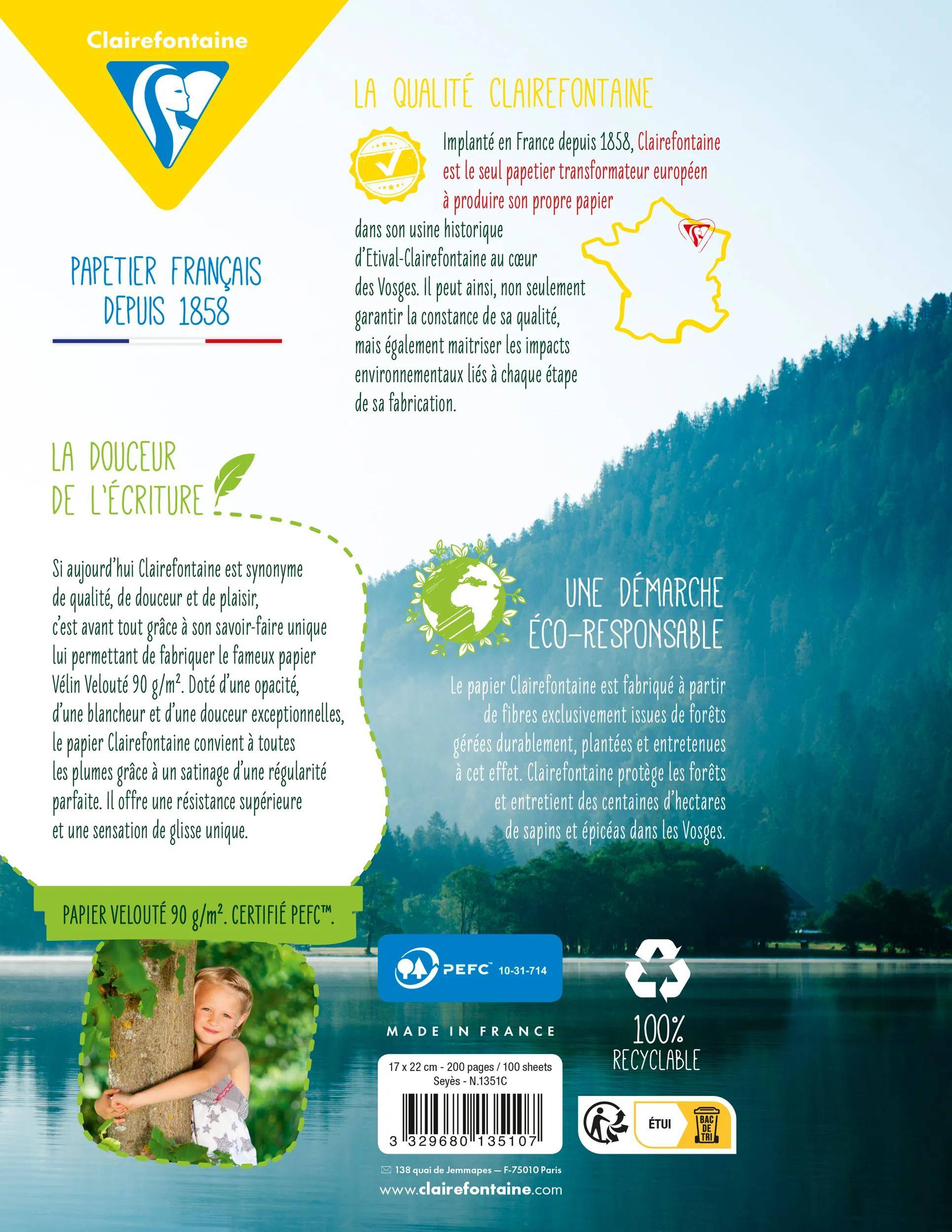 # Clairefontaine Papierwerbung mit deutschem Text, Wald- und Seehintergrund, Logo, Produktaussagen wie „100% recycelbar