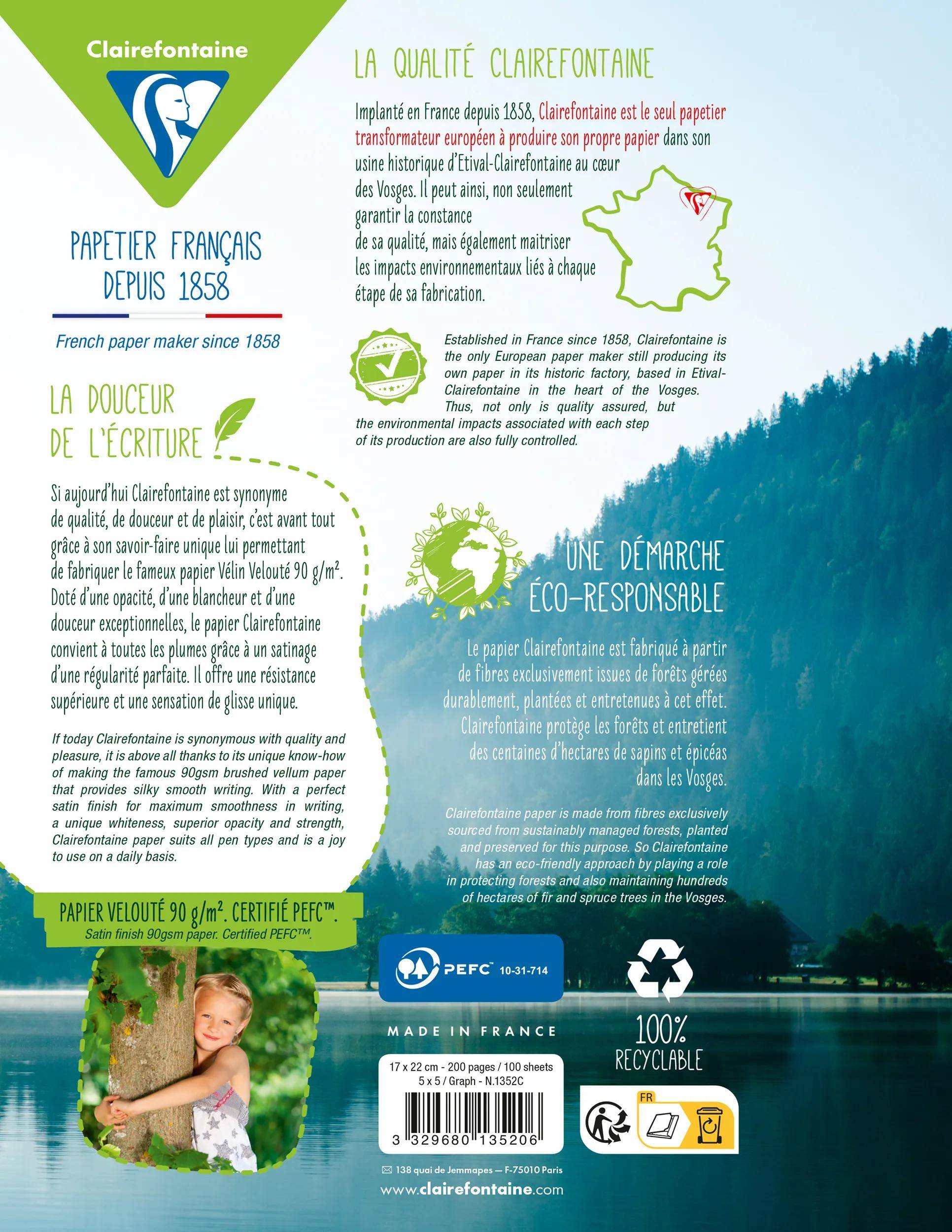 Clairefontaine Papier Öko-Infografik: Französischer Papierhersteller seit 1858, mit Schwerpunkt auf Qualität, emissionsarme Produktion, PEFC-Zertifizierung, hergestellt in Frankreich und 100% recycelbar Papier.