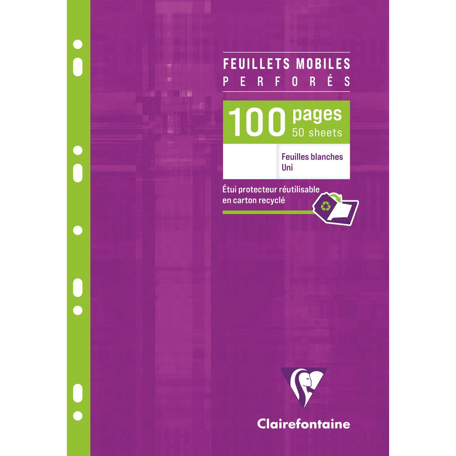 Paket mit violetten, perforierten mobilen Blättern von Clairefontaine, 100 Seiten/50 Blätter, weißes Papier, mit wiederverwendbarem Schutzumschlag aus recyceltem Karton.