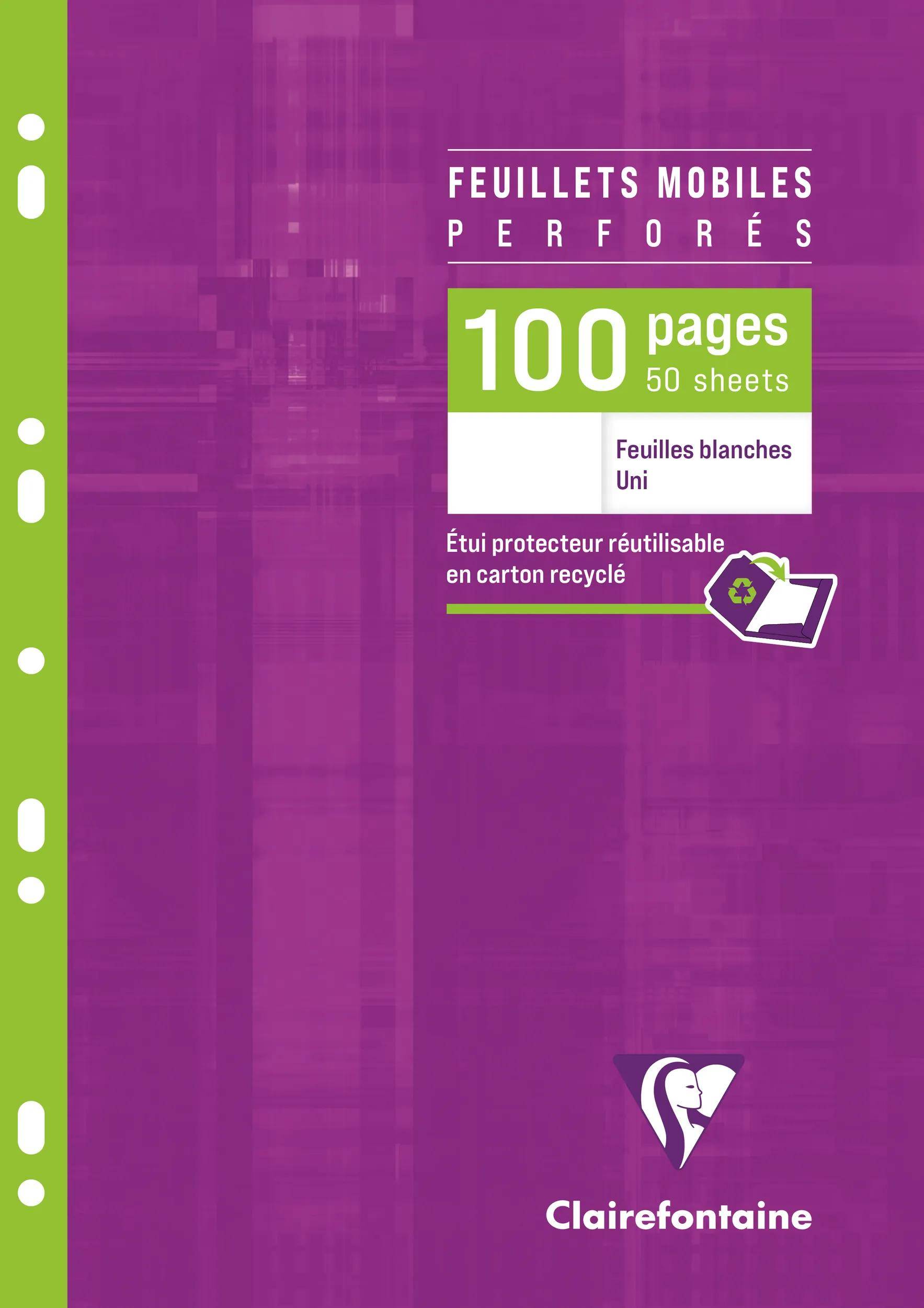 Violette Clairefontaine Binderpack-Etikette für perforierte mobile Blätter, mit 100 Seiten/50 Blättern, weiße A4-Blätter, wiederverwendbare recycelte Kartonbox.