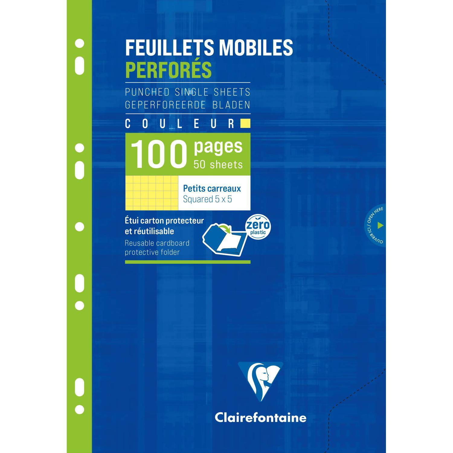 Blaues perforiertes Notizbuch von Clairfontaine mit grünem Rücken, beschriftet mit „FEUILLETS MOBILES PERFORÉS