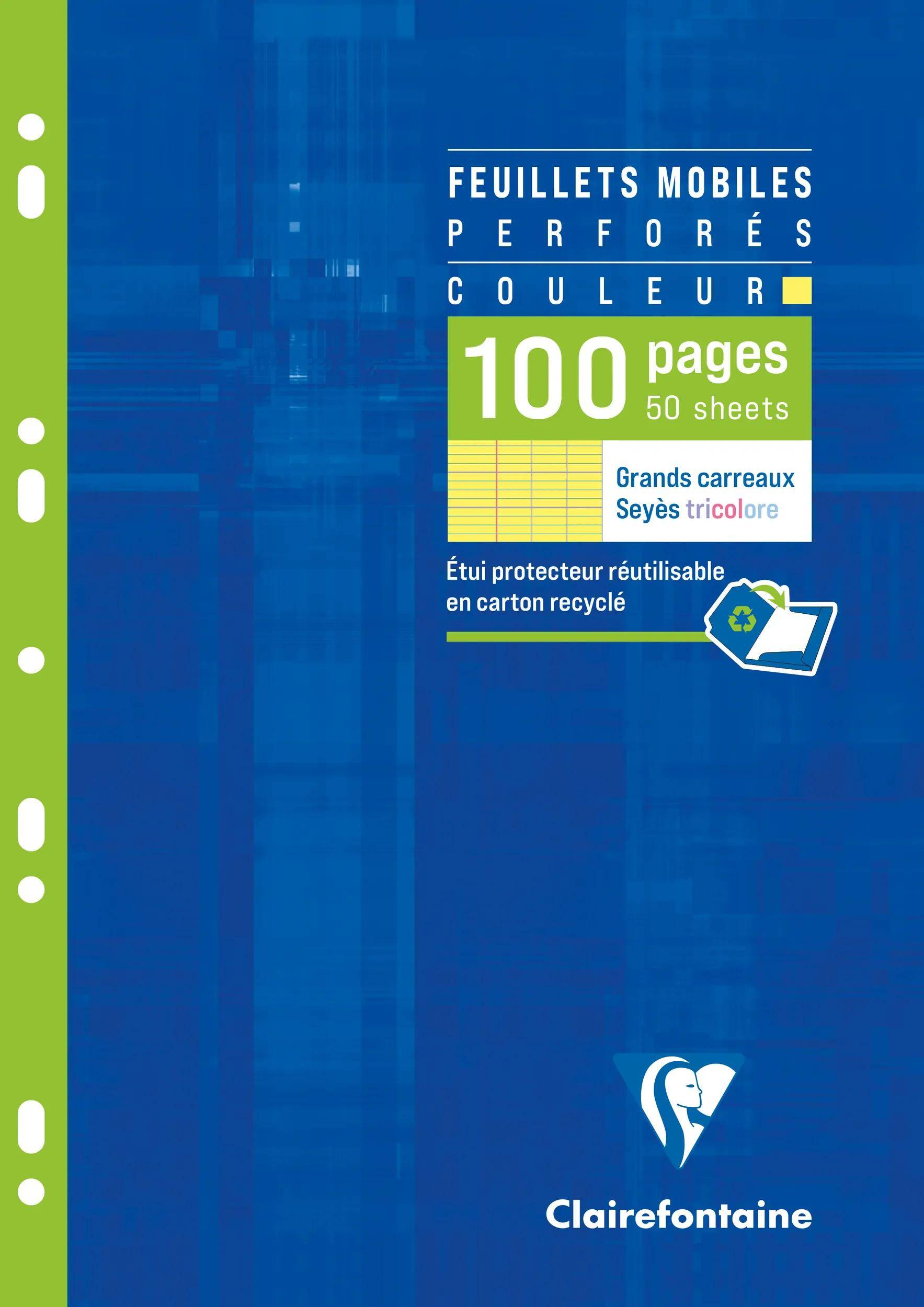 Blauer Clairefontaine-Notizbuchwechsel mit grünem Rücken, beschriftet mit „Feuillets mobiles perforés couleur
