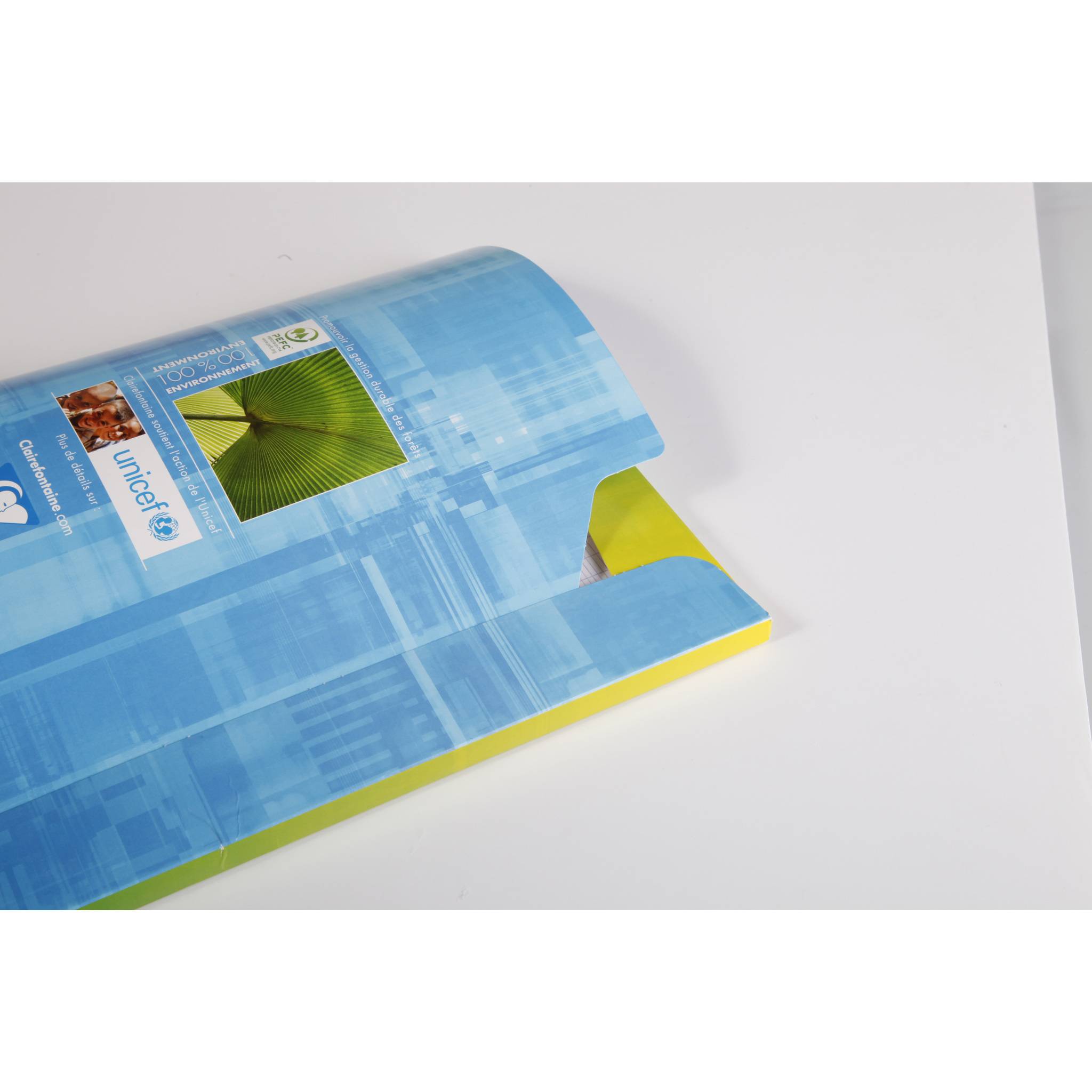 Offene blaue UNICEF-Broschüre oder Broschüre mit grünem Blattbild auf dem Umschlag, die auf einer weißen Oberfläche liegt und deren Seiten teilweise aufgeschlagen sind.
