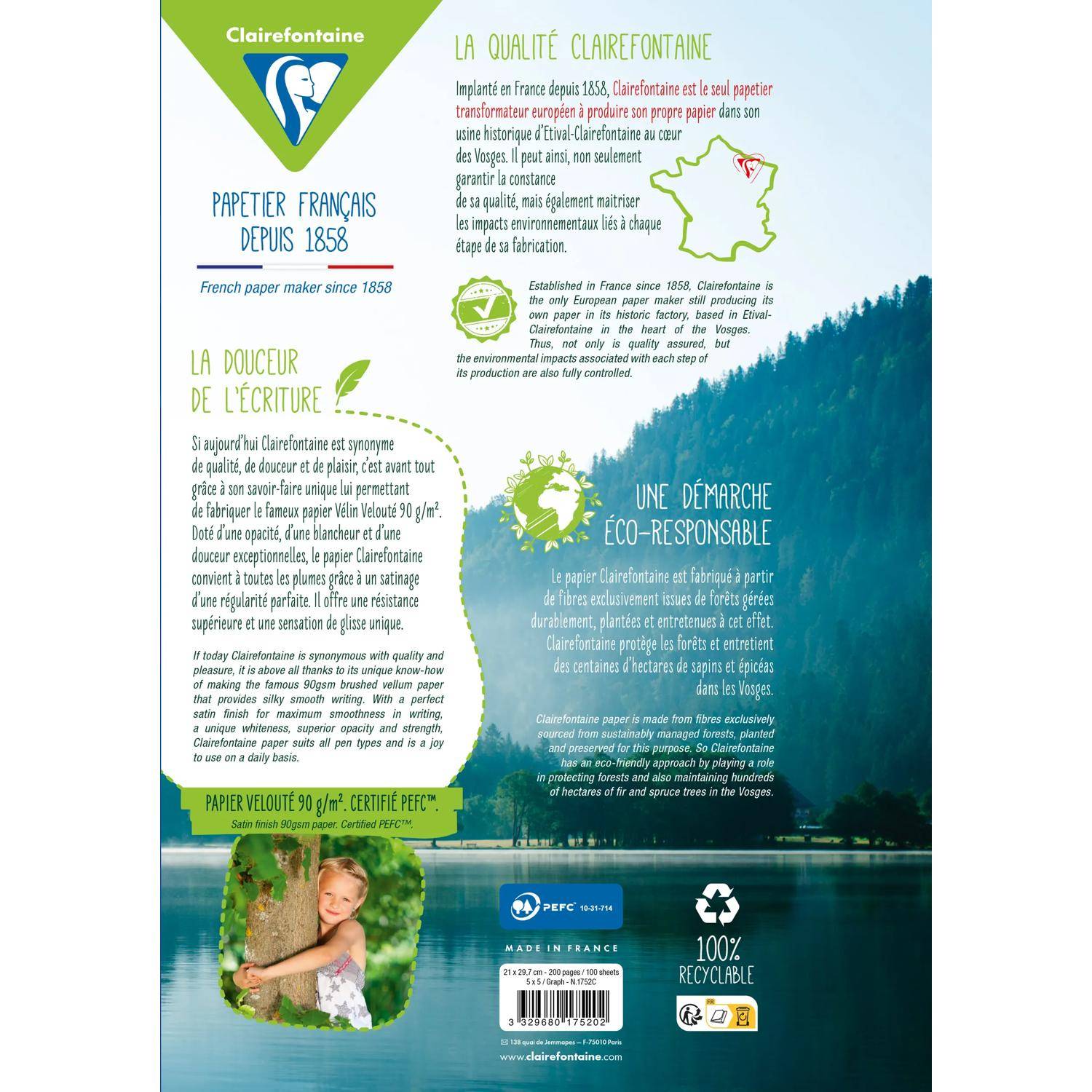 Infografik-Plakat für Clairefontaine-Papier mit Hervorhebung von französischem Papier seit 1858, umweltverantwortungsvoller Herstellung, 100% recycelbar und PEFC-zertifiziert.