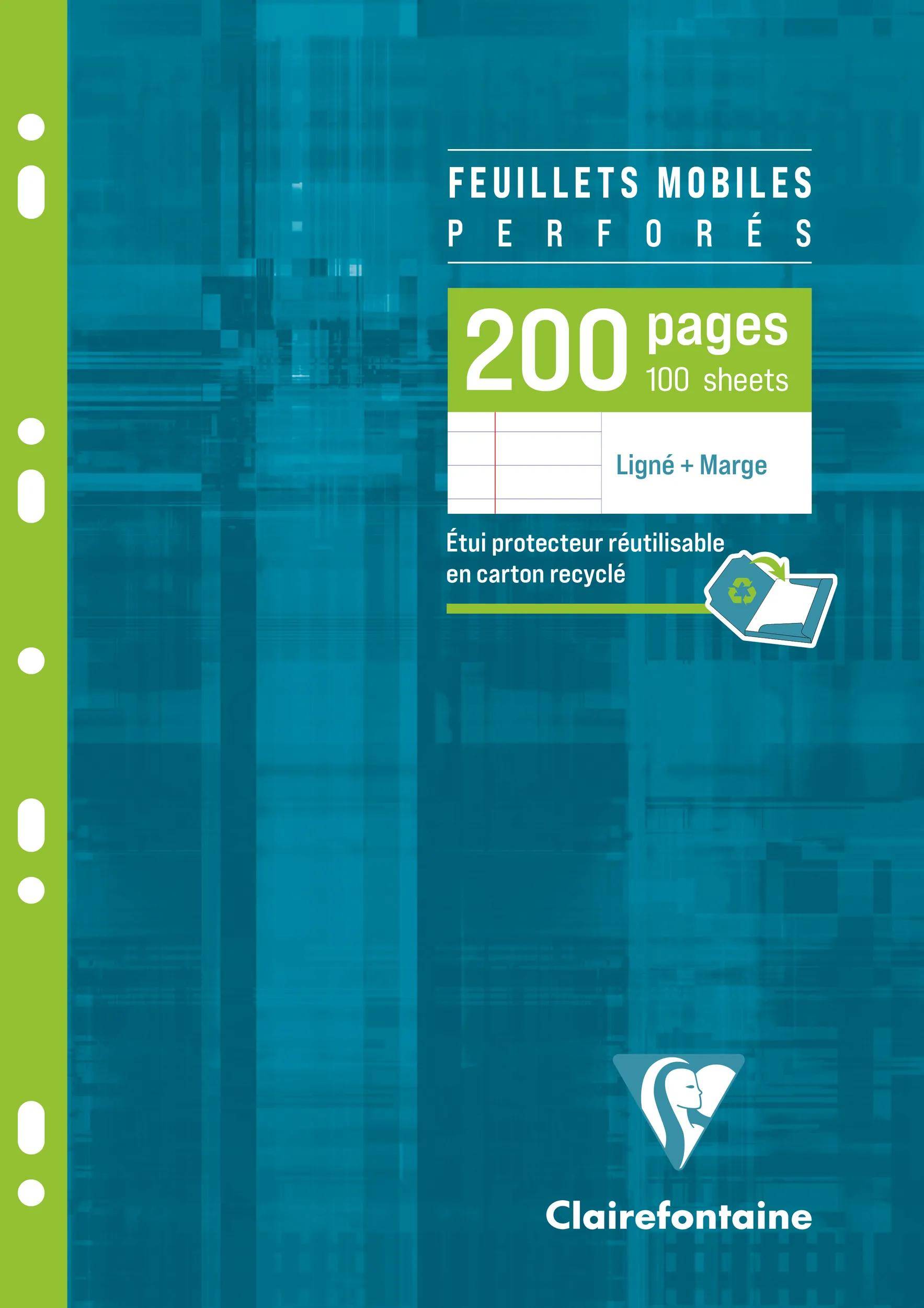 Produkthülle für perforiertes Clairefontaine Schreibpapier, auf der „200 Seiten, 100 Blätter