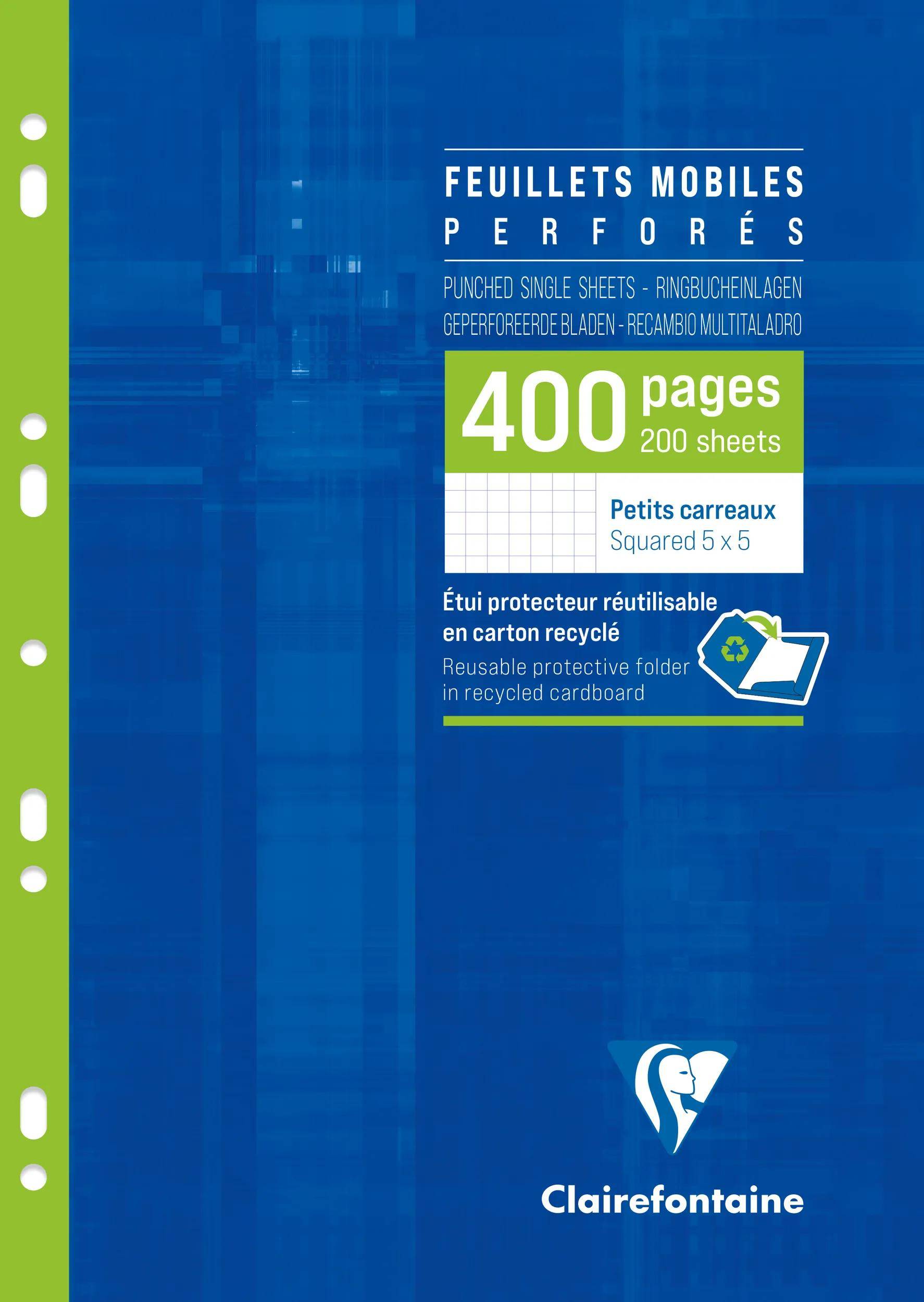 Blauer Clairefontaine-Notizbucheinband mit Perforation, beschriftet mit „Feuillets mobiles
