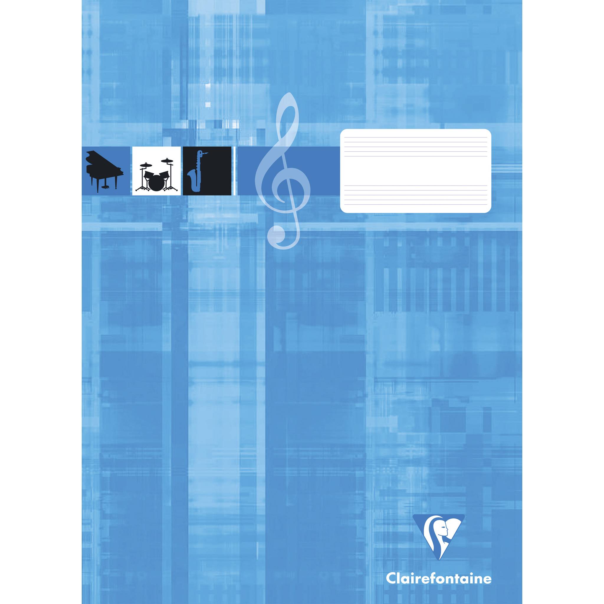 Blaues musikthematisches Notizbuch-Cover mit Violinschlüssel-, Klavier-, Schlag- und Saxophon-Symbolen sowie einem leeren linierten Etikettierungsbereich; Clairefontaine-Logo unten.
