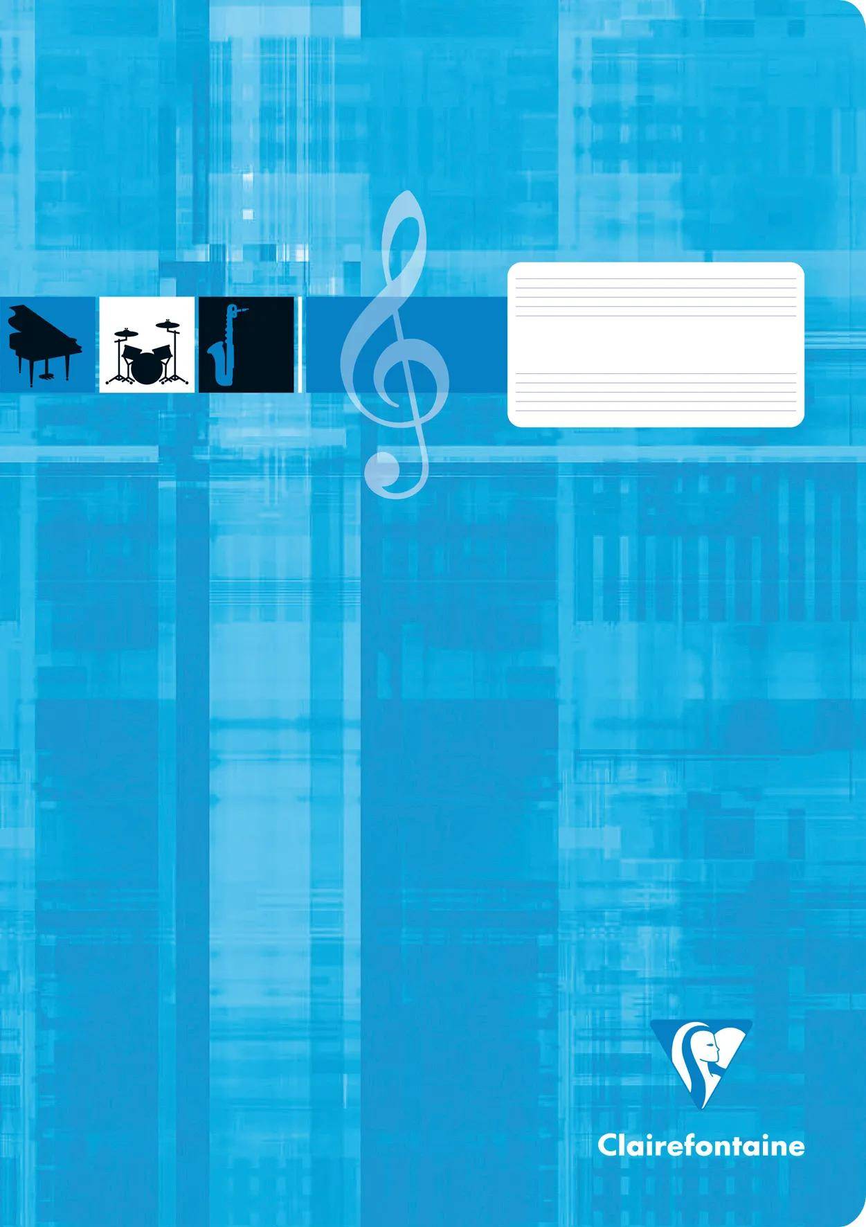 Blaues Musiknotizbuch-Cover mit Notenschlüssel, Klavier- und Schlagzeug-Symbolen, leerer Etikettenfläche und Clairefontaine-Logo.