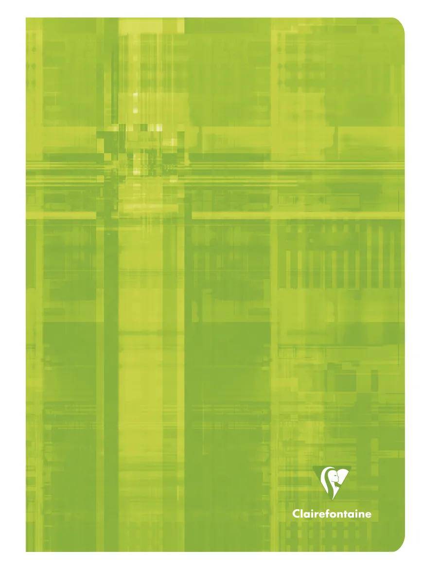 Grüner Clairefontaine-Notizbuchdeckel mit abstraktem vertikalem und horizontalem Streifenmuster und weißem Logo unten rechts.