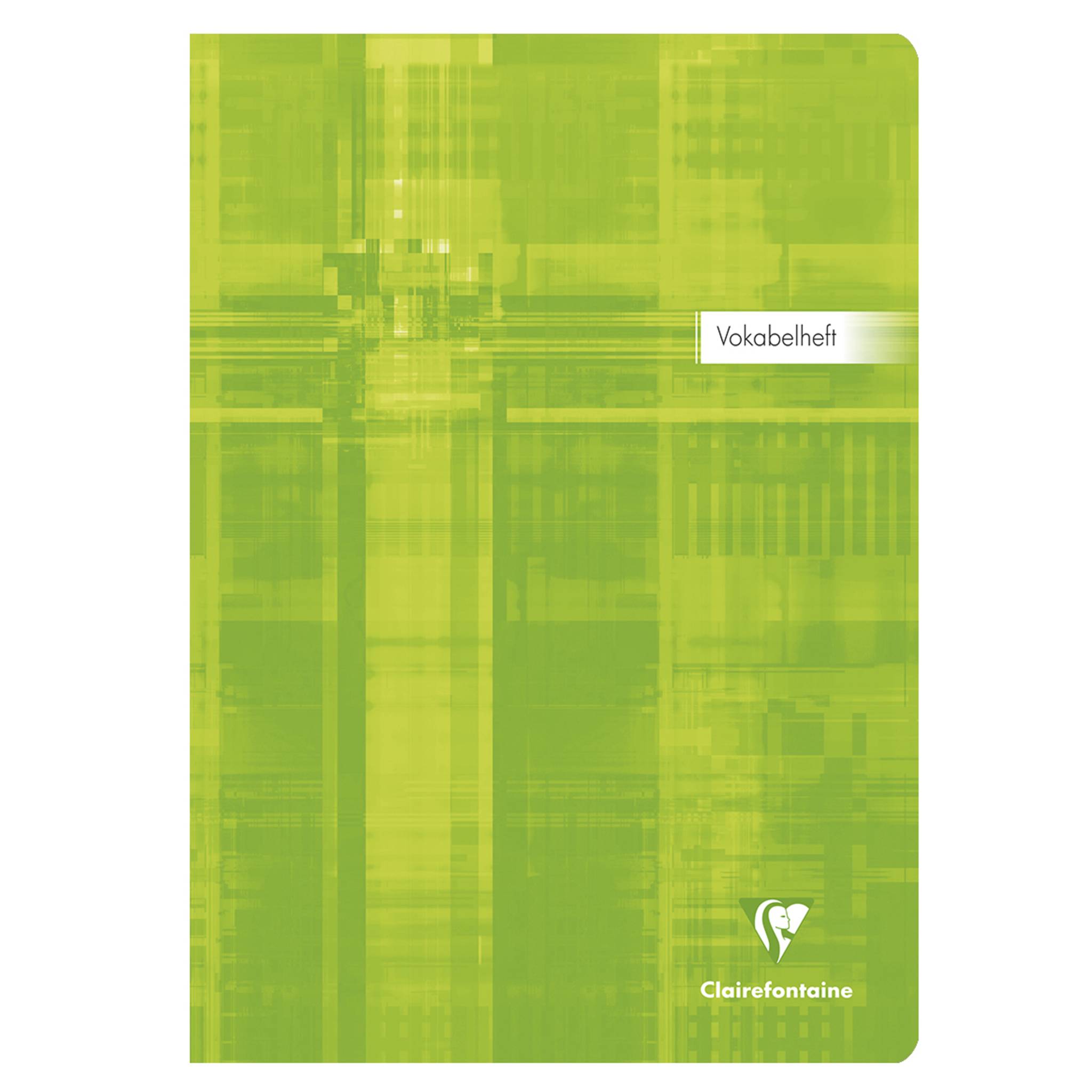 Grünes Clairefontaine-Vokabelheft mit abstraktem Karomuster und dem Wort „Vokabelheft" auf dem Umschlag.