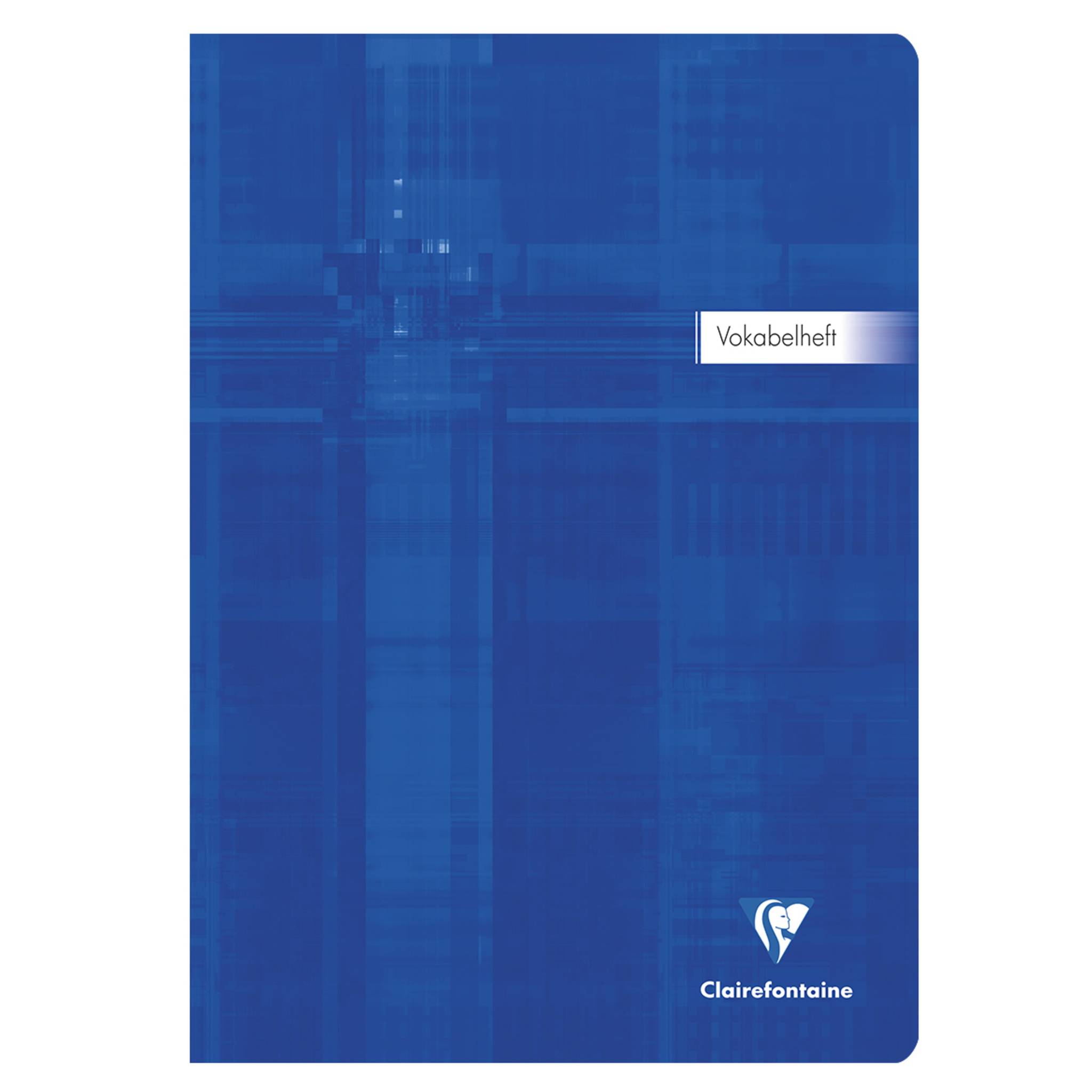 Blaues Clairefontaine-Notizbuch mit Umschlag, auf dem „Vokabelheft" beschriftet ist und das Markenlogo unten rechts angebracht ist.