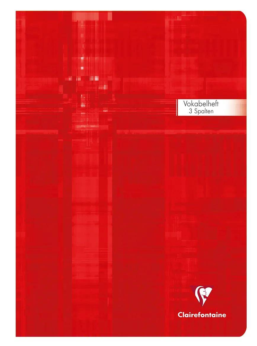 Rotes Clairefontaine-Vokabelheft mit Umschlag beschriftet mit „Vokabelheft 3 Spalten