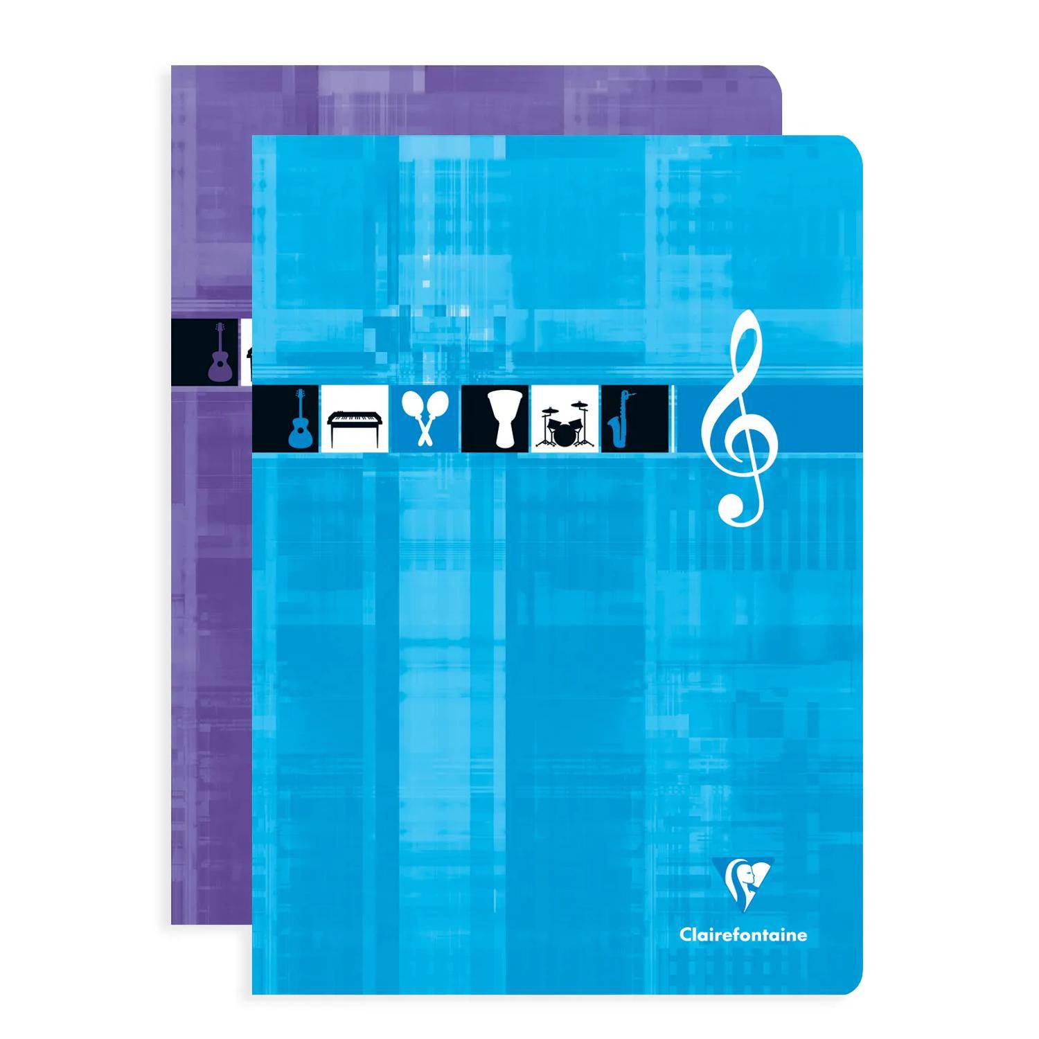 Zwei überlappende Clairefontaine-Notizbücher, vorne blau mit Musiknoten-Symbol-Streifen und Violinschlüssel, dahinter lila Notizbuch.
