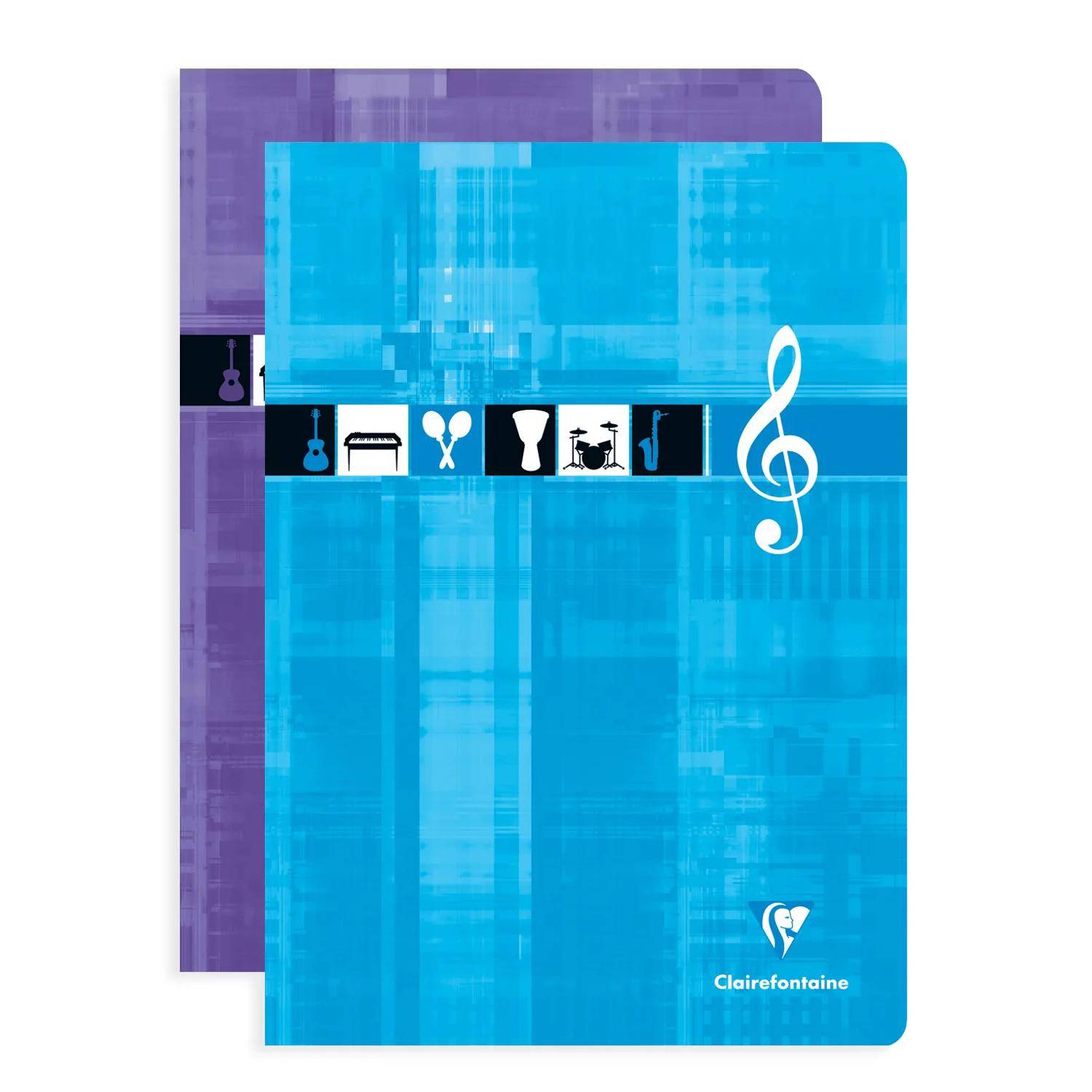 Blau und lila Musikhefte mit Violinschlüssel und kleinen Instrumentensymbolen, gekennzeichnet mit Clairefontaine.