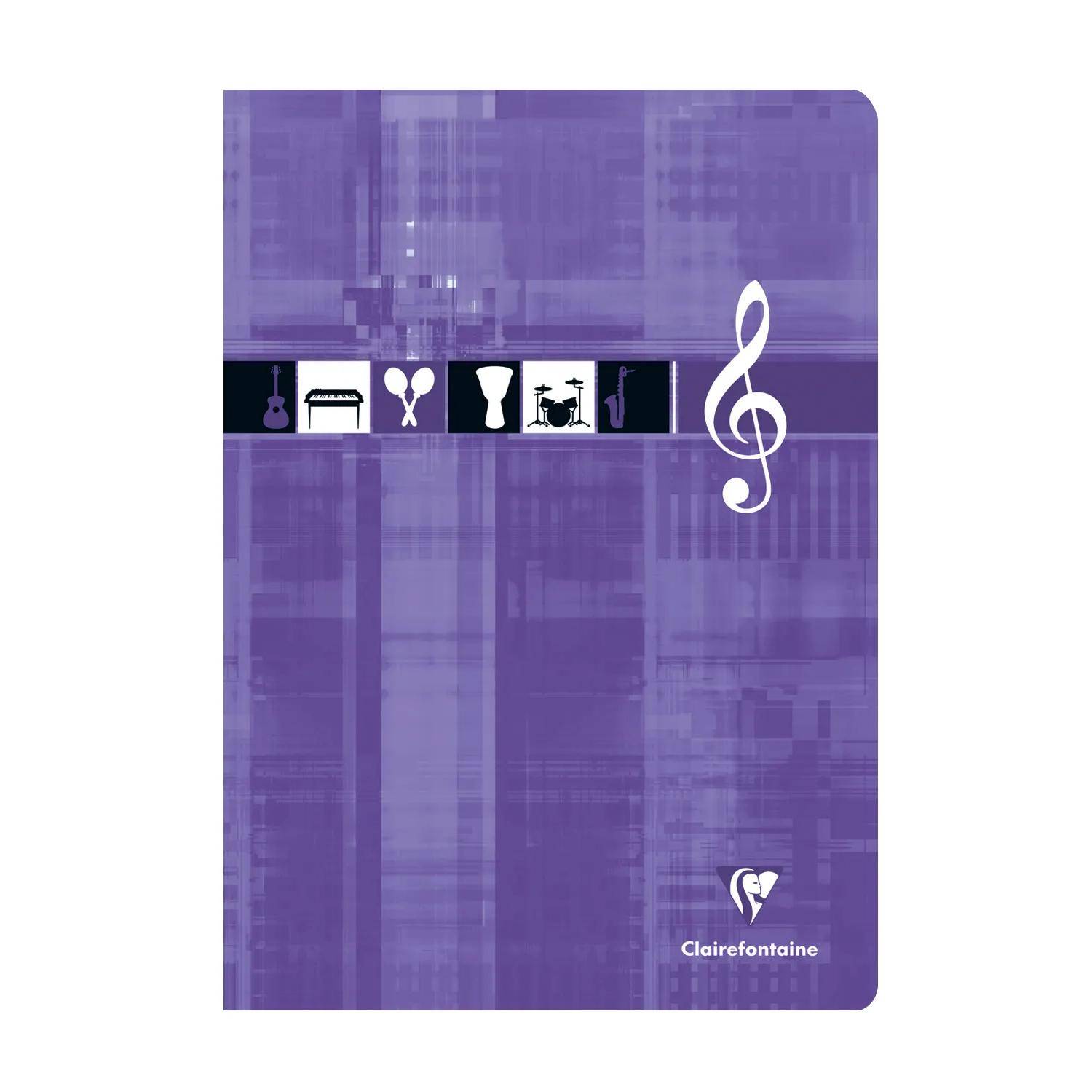 Violettes Musiknotizbuch-Umschlag mit großem Notenschlüssel und kleinen Instrumentensymbolen in der Mitte; "Clairefontaine""-Logo unten rechts.