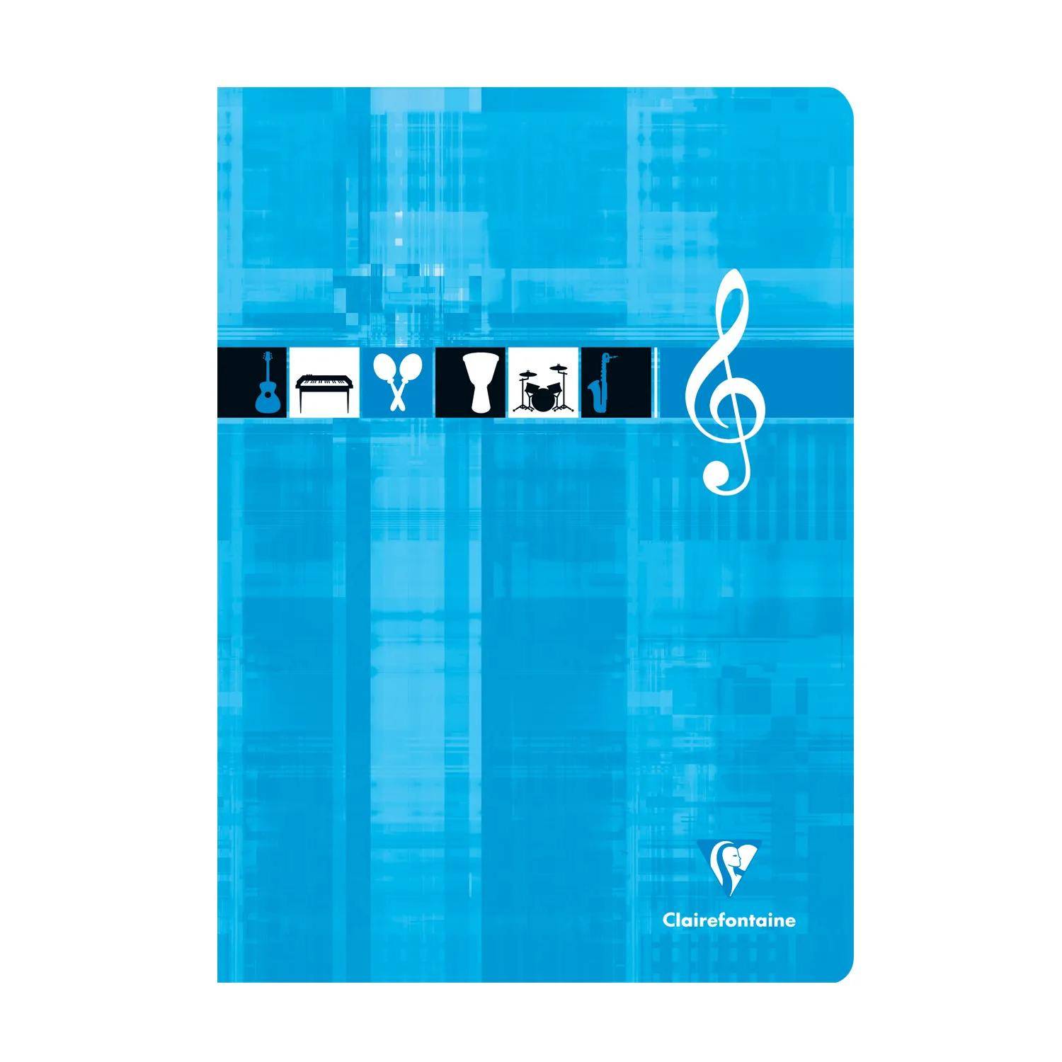 Blauer Clairefontaine-Notizbucheinband mit schwarzem, musikthematischem Band aus Instrumentsymbolen und großem weißem Violinschlüssel.