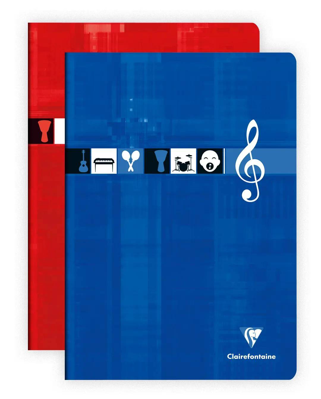 Zwei gestapelte Clairefontaine-Notizbücher, eines blau mit einem weißen Violinschlüssel und Musiksymbolen, eines rotes dahinter.