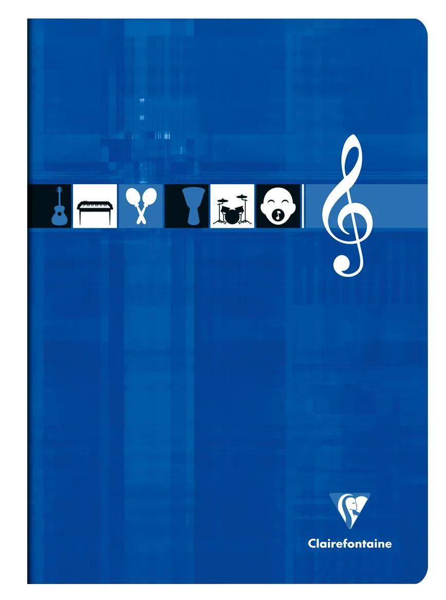Blauer Clairefontaine Notizbucheinband mit einer Reihe von musikbezogenen Symbolen und einem großen Violinschlüssel, was auf ein musikthematisches Notizbuch hindeutet.