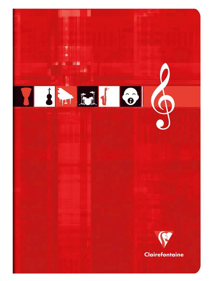 Rotes Clairefontaine-Musiknotizbuch mit weißem Violinschlüssel und einer Reihe von Instrumenten- und Musiksymbolen in der Mitte.