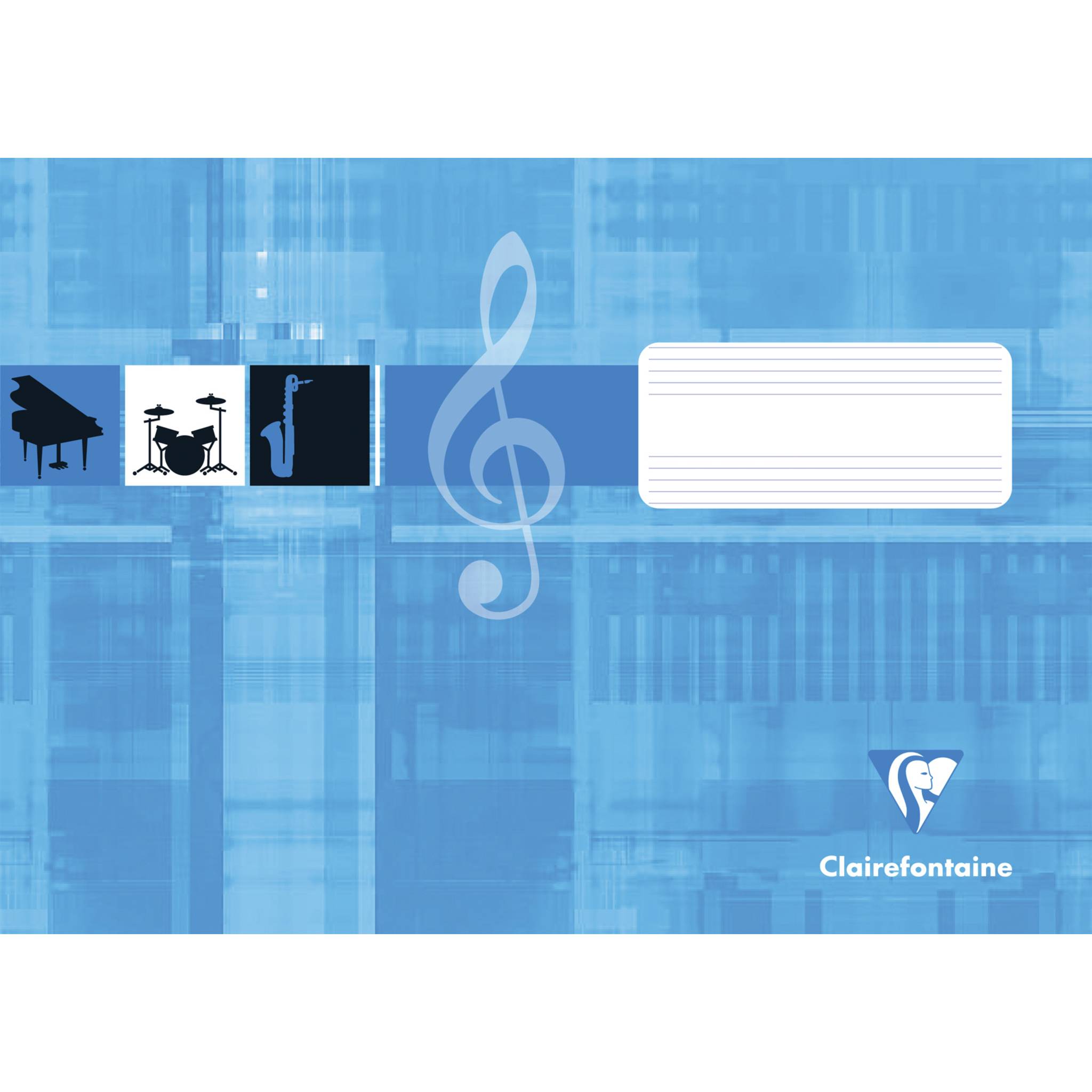 Blaues Musiknotizbuch-Cover mit Notenschlüssel, Klavier, Schlagzeug, Saxophon-Symbolen und leerem Etikett-Bereich; Clairefontaine-Logo