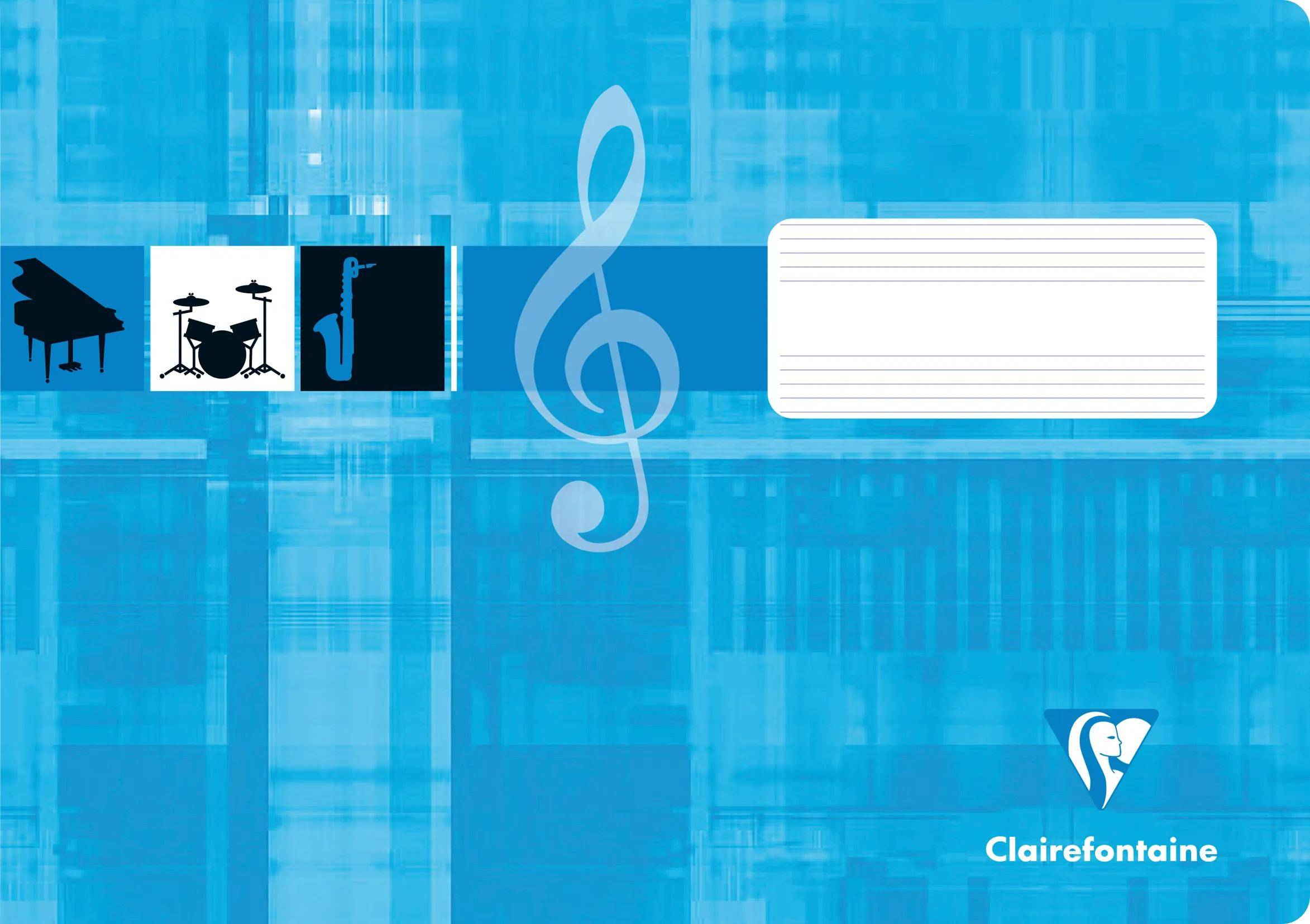 Blauer Musiknotizbucheinband mit Klavier-, Schlagzeug- und Saxophonsymbolen, großem Violinschlüssel, leerem liniertem Etikettenbereich und Clairefontaine-Logo.