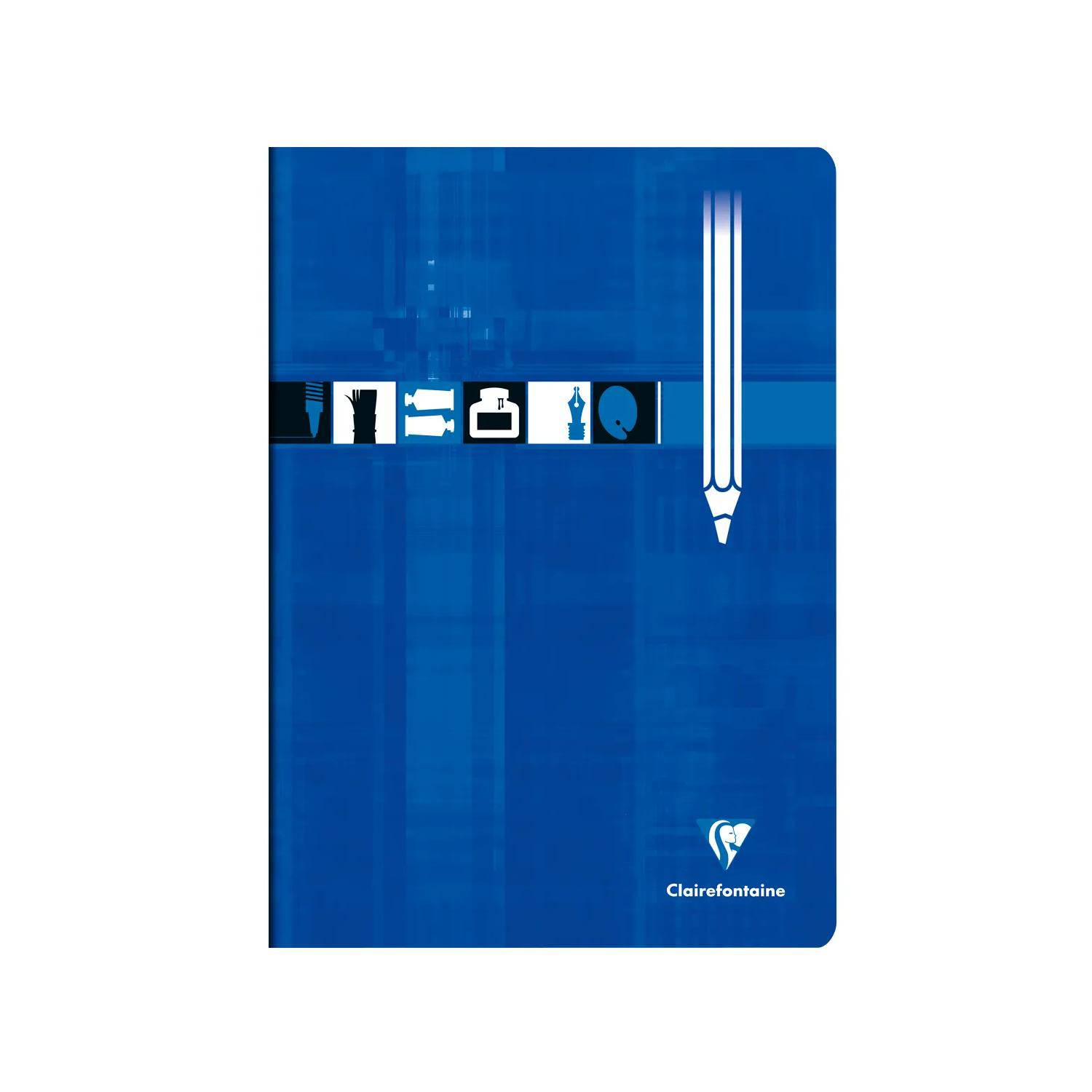 Blauer Clairefontaine-Notizbucheinband mit einem großen weißen Stiftsymbol und kleinen Schreibwaren-Piktogrammen in der Mitte.