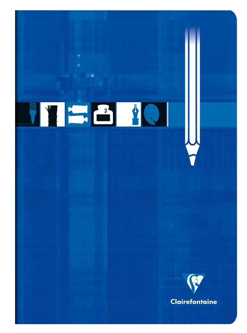 Blauer Clairefontaine Notizbucheinband mit einer Reihe weißer Schulmaterial-Symbole und einer großen vertikalen Bleistiftigraphik auf der rechten Seite.