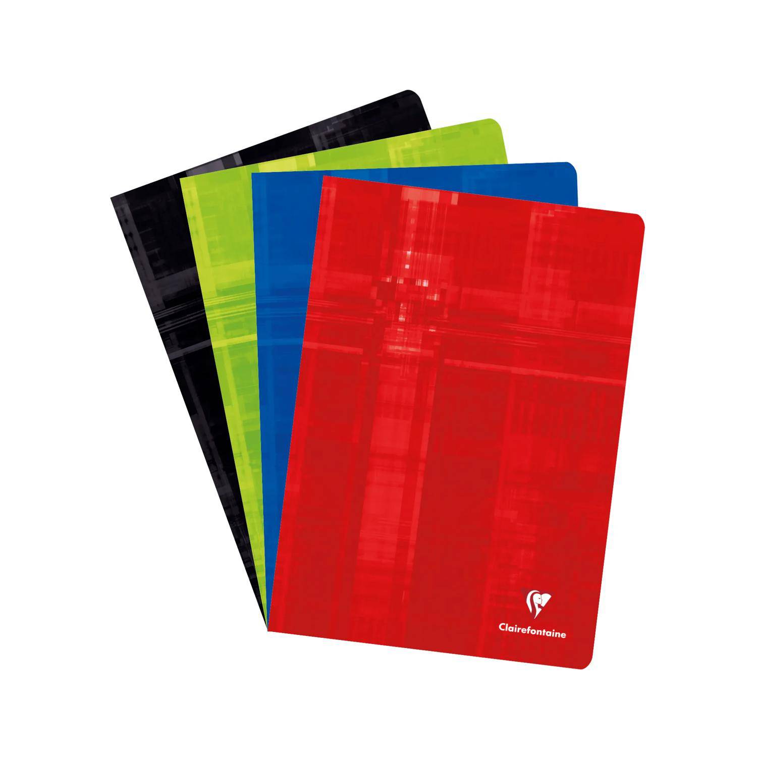Vier übereinander gestapelte Notizbücher in Schwarz, Limone, Blau und Rot mit dem Clairefontaine-Logo auf dem roten Umschlag.