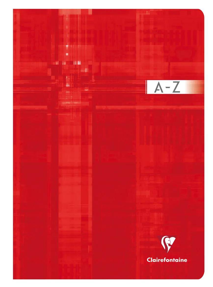 Rotes Clairefontaine A-Z Notizbuch mit weißem Etikett und Logo in der unteren rechten Ecke.
