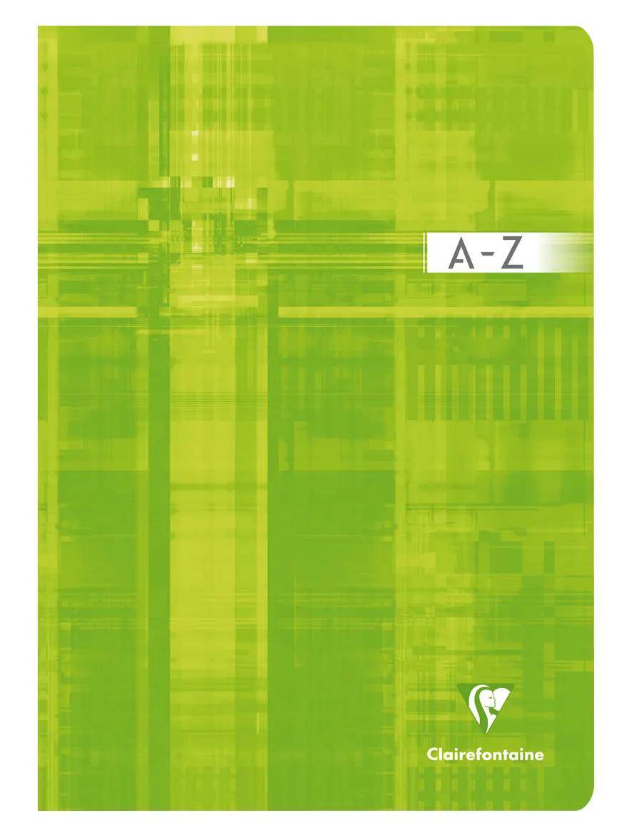 Grüner Clairefontaine A-Z Notizbucheinband mit abstraktem Karomuster und dem Etikett „A-Z" oben rechts.