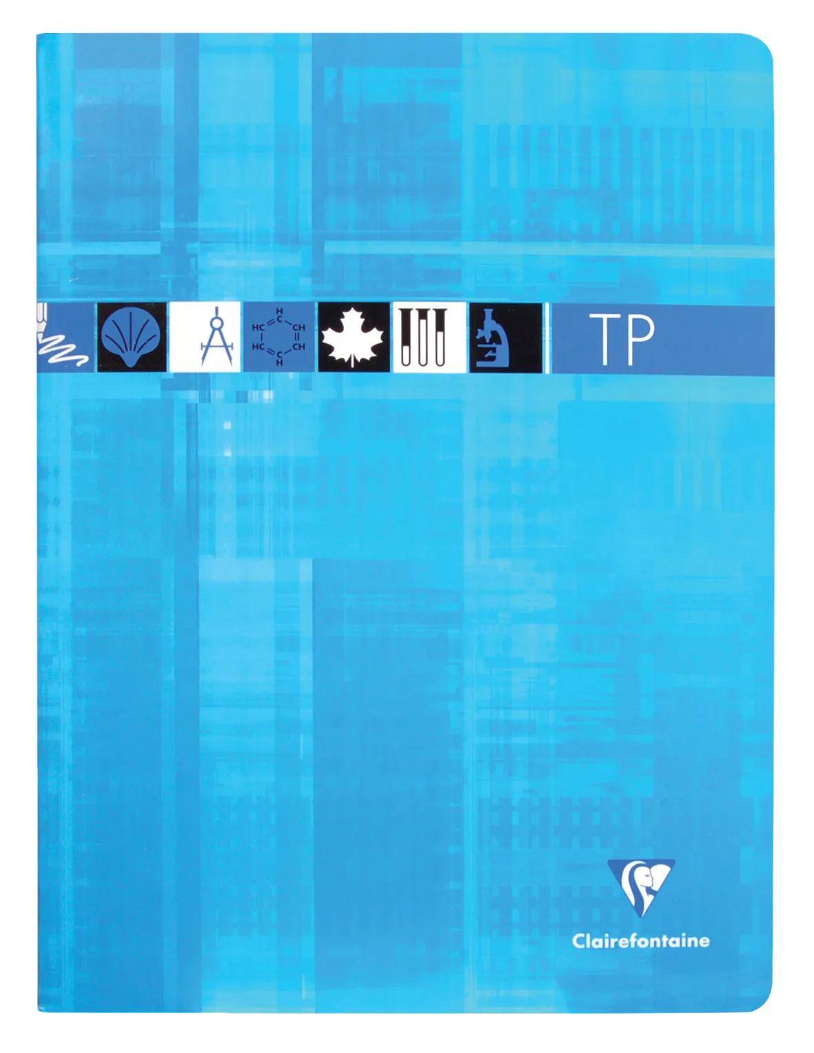 Blaues Clairefontaine-Notizbuch mit Umschlag, horizontales Band mit kleinen Piktogrammsymbolen und Text „TP