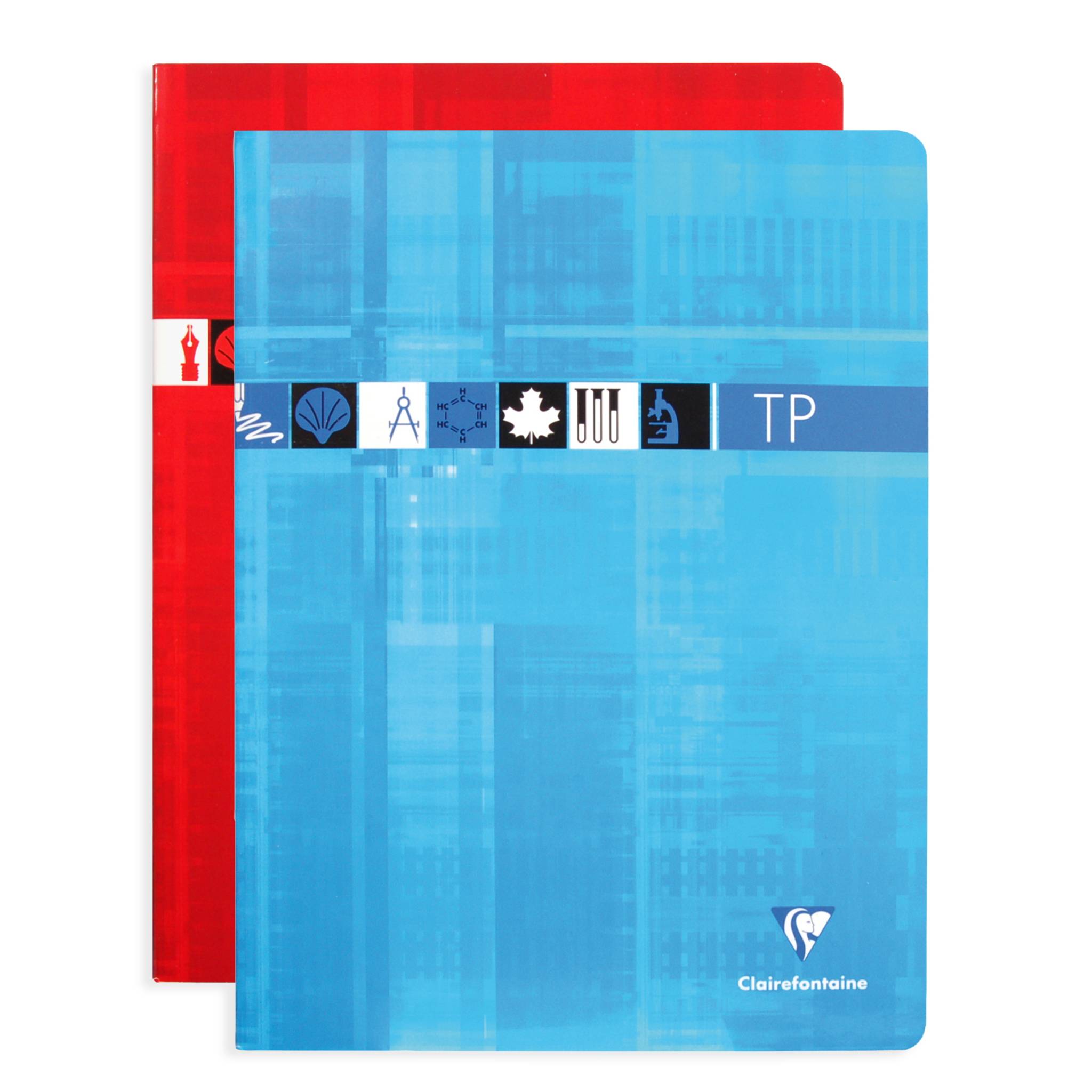Zwei gestapelte Clairefontaine-Notizbücher, eines blau vorne und eines rot dahinter, jeweils mit gemustertem Umschlag und das blaue Notizbuch mit der Aufschrift „TP