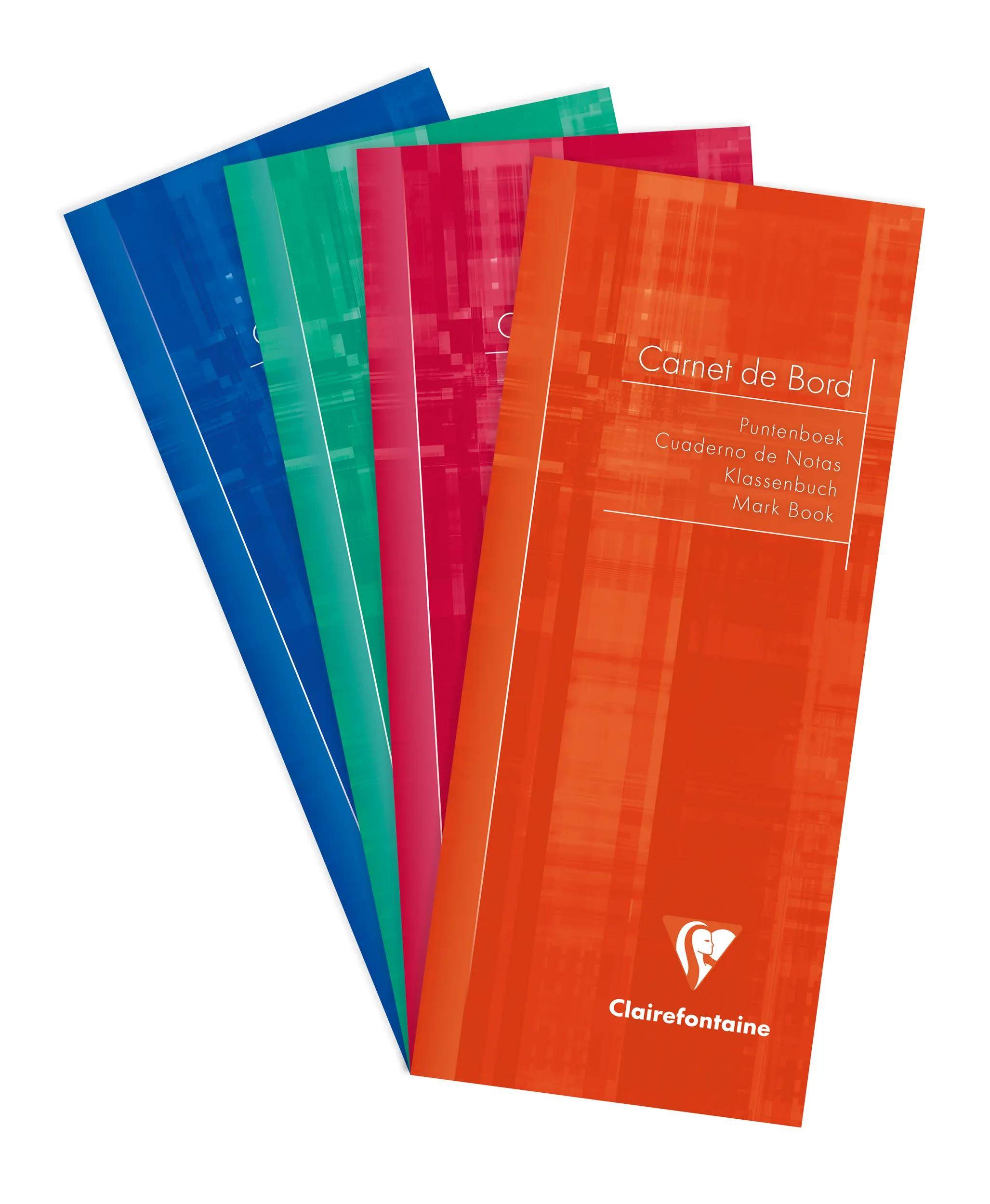 Ein Stapel bunter Clairefontaine-Notizbücher fächerförmig ausgebreitet, mit einem orangefarbenen Notizbuch vorne mit der Aufschrift 'Carnet de Bord'.